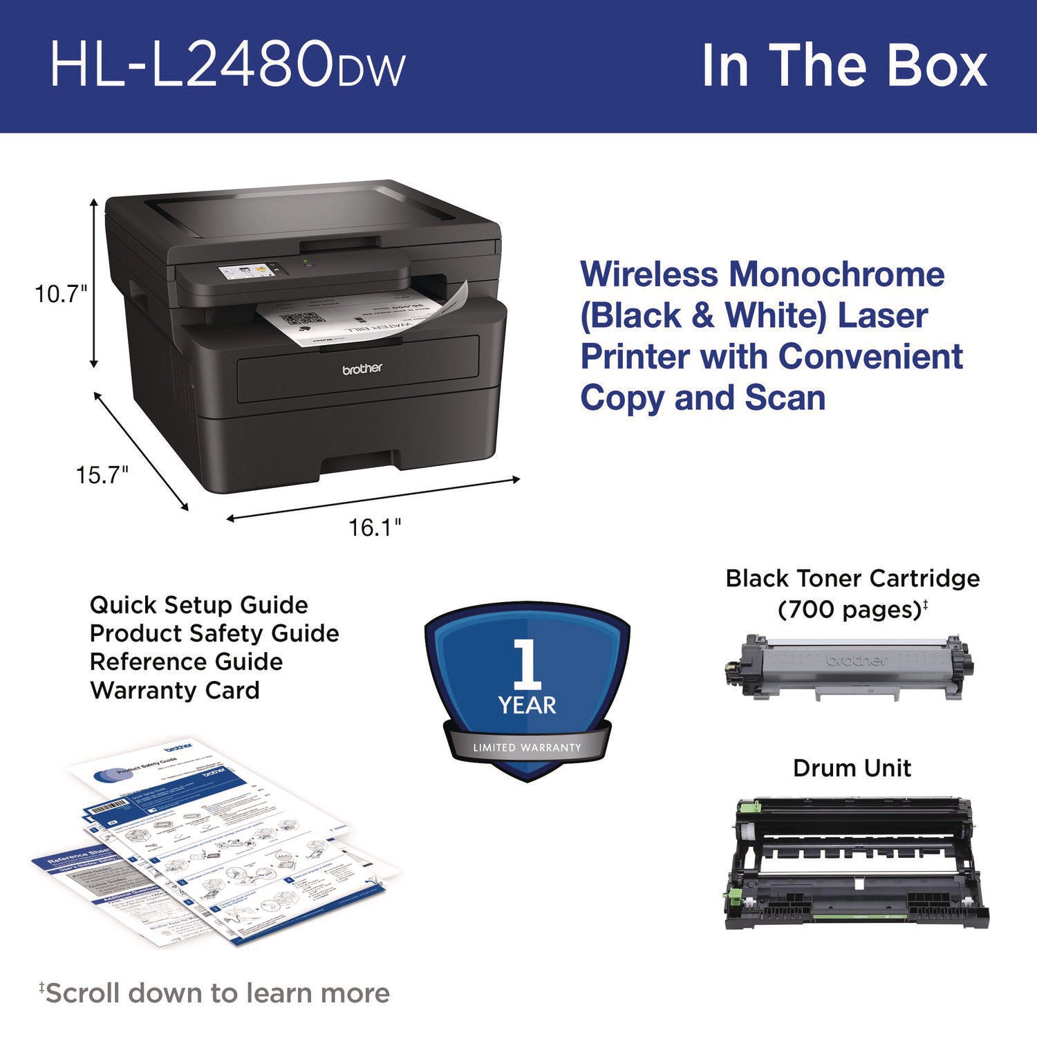 Brother Wireless HL-L2480DW Compact Monochrome Multi-Function Laser Printer, Copy/Print/Scan