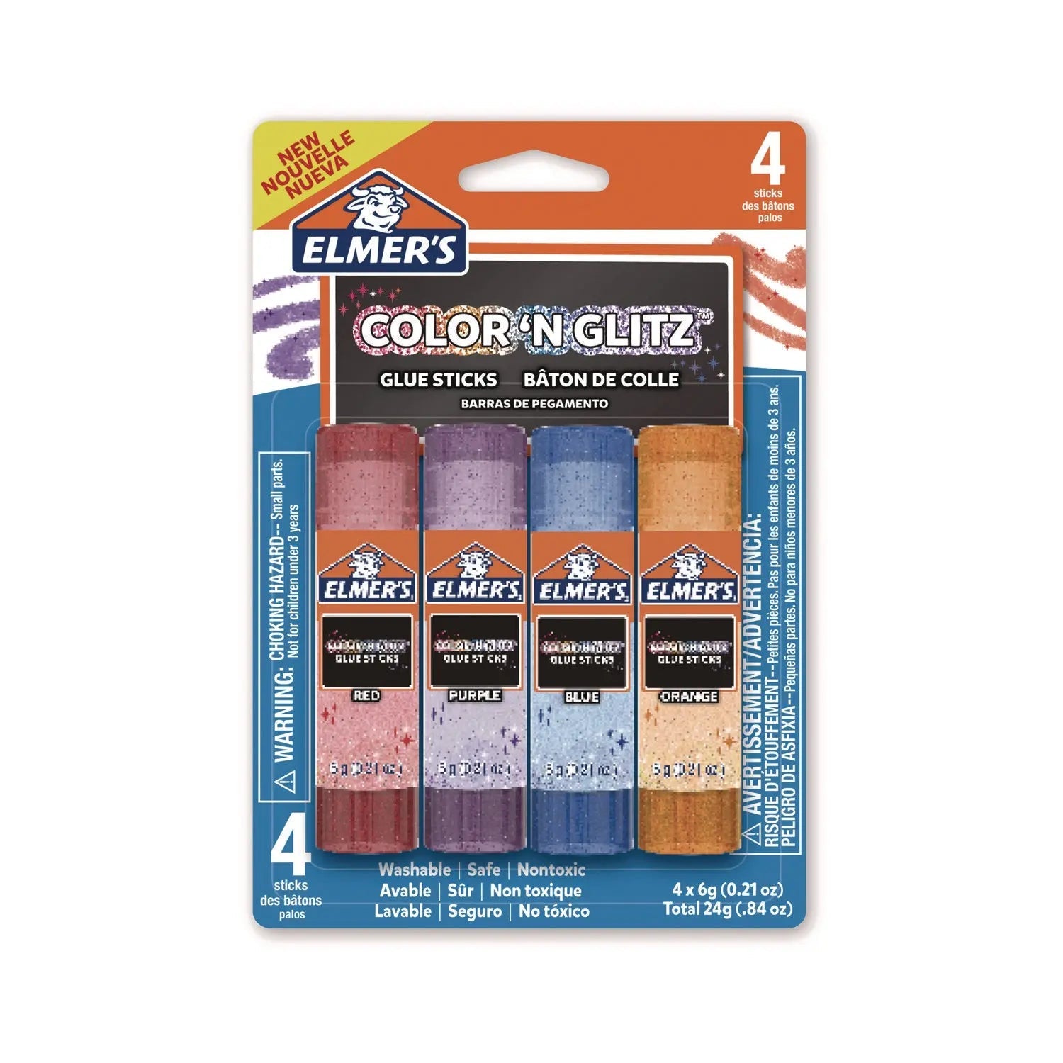 Elmer's® Glitter Glue Sticks, 0.21 oz, Applies Assorted Colors, Dries Clear Glitter, 4/Pack