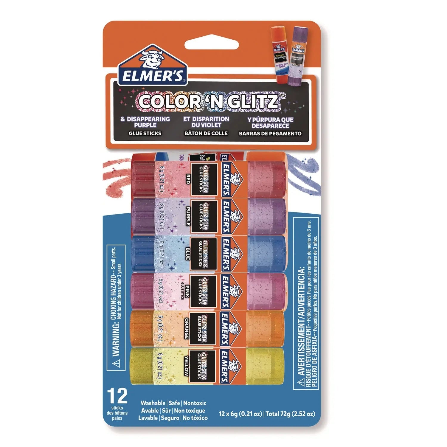 Elmer's® Glitter Glue Sticks, Applies Assorted Colors, 0.21 oz, Dries Clear Glitter, 12/Pack