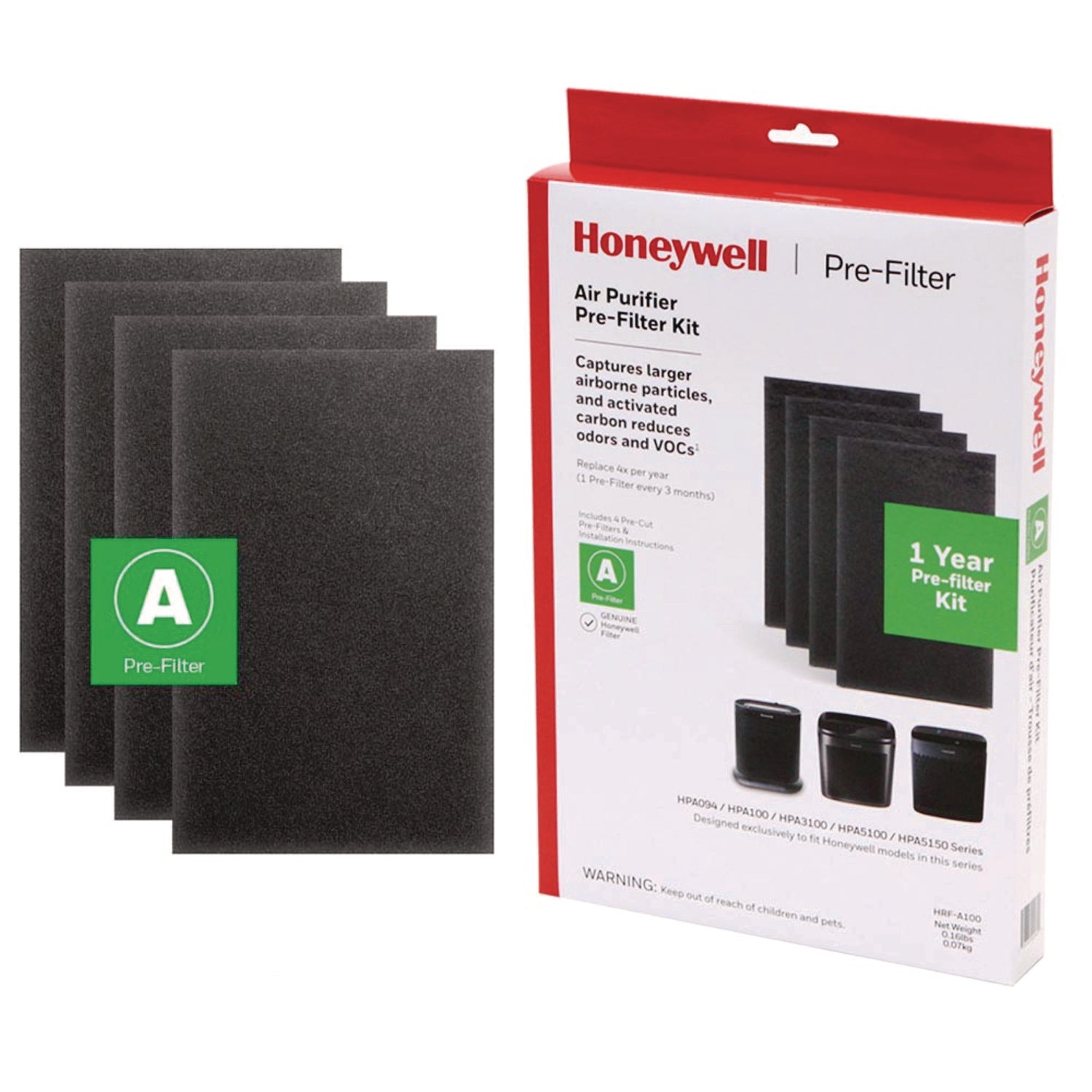Honeywell Pre-Cut Carbon Pre-Filter, Fits Models: HPA094/HPA100/HPA101/HPA104/HPA105/HPA106/HPA3100/HPA5100/HPA5150, Box of 4 Filters