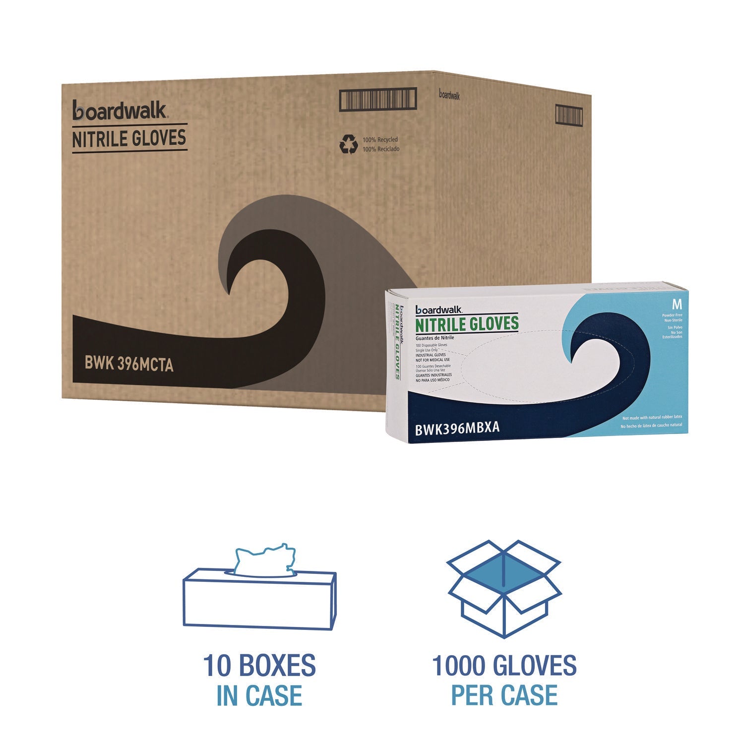 Boardwalk® Disposable General-Purpose Powder-Free Nitrile Gloves, Medium, Black, 4.4 mil, 100/Box, 10 Boxes/Carton