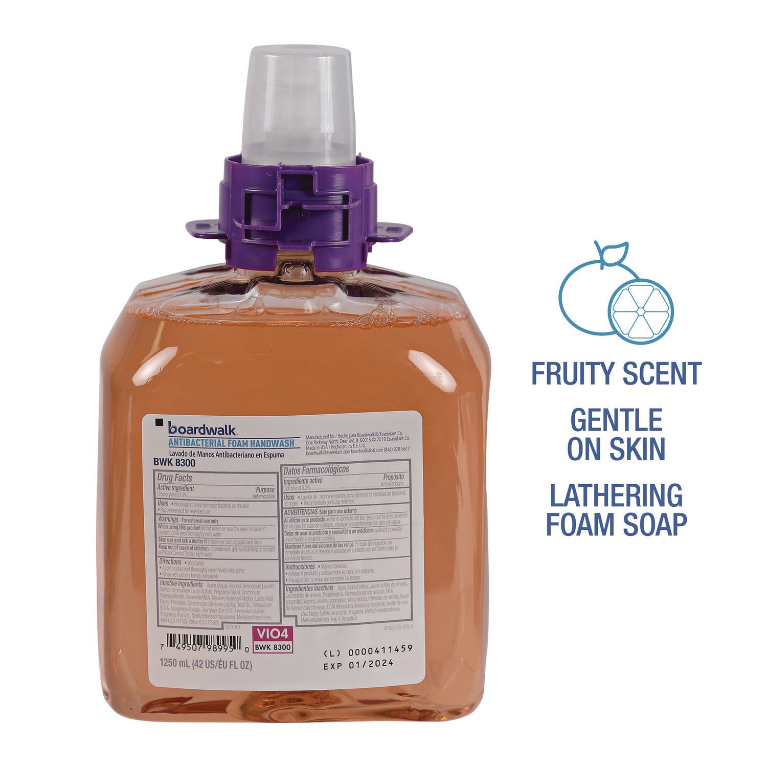 Boardwalk® Foam Antibacterial Handwash, Fresh Fruit Scent, 1,250 mL Refill, 4/Carton