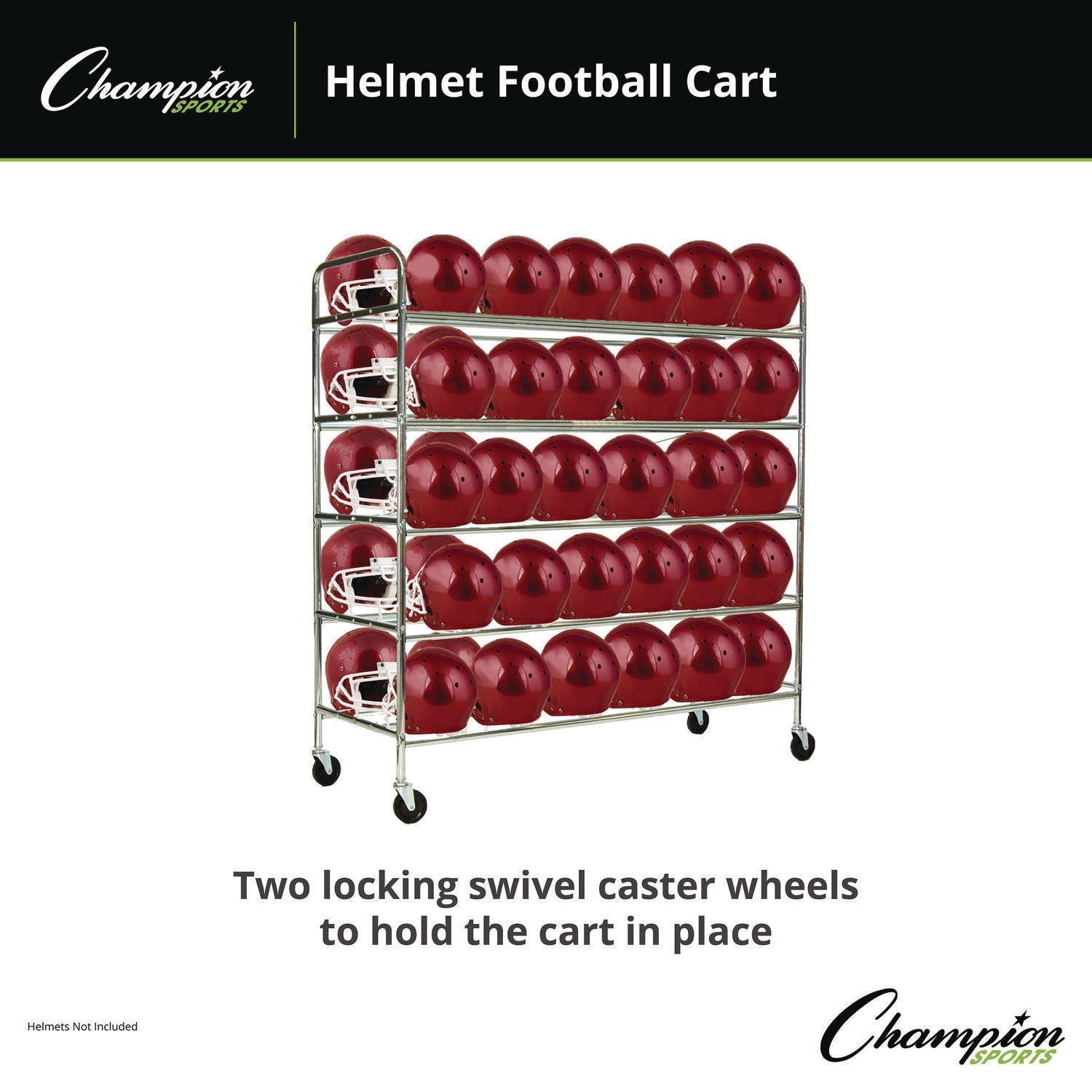 Champion Sports 60 Helmet Football Cart, Five Shelves, Metal, 176 lb Capacity, 24" x 61" x 65", Chrome - Bloom Skins