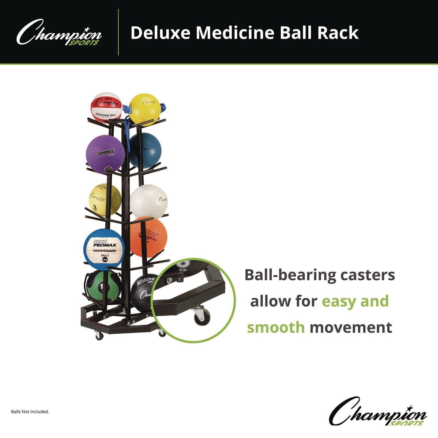 Champion Sports Deluxe Five-Row Mobile Medicine Ball Rack, Metal, 198 lb Capacity, 25" x 25" x 56", Black - Bloom Skins