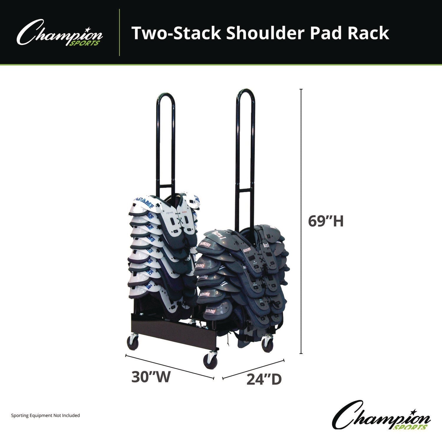 Champion Sports Mobile Two-Stack Shoulder Pad Rack, Metal, 176 lb Capacity, 24" x 30" x 69", Black