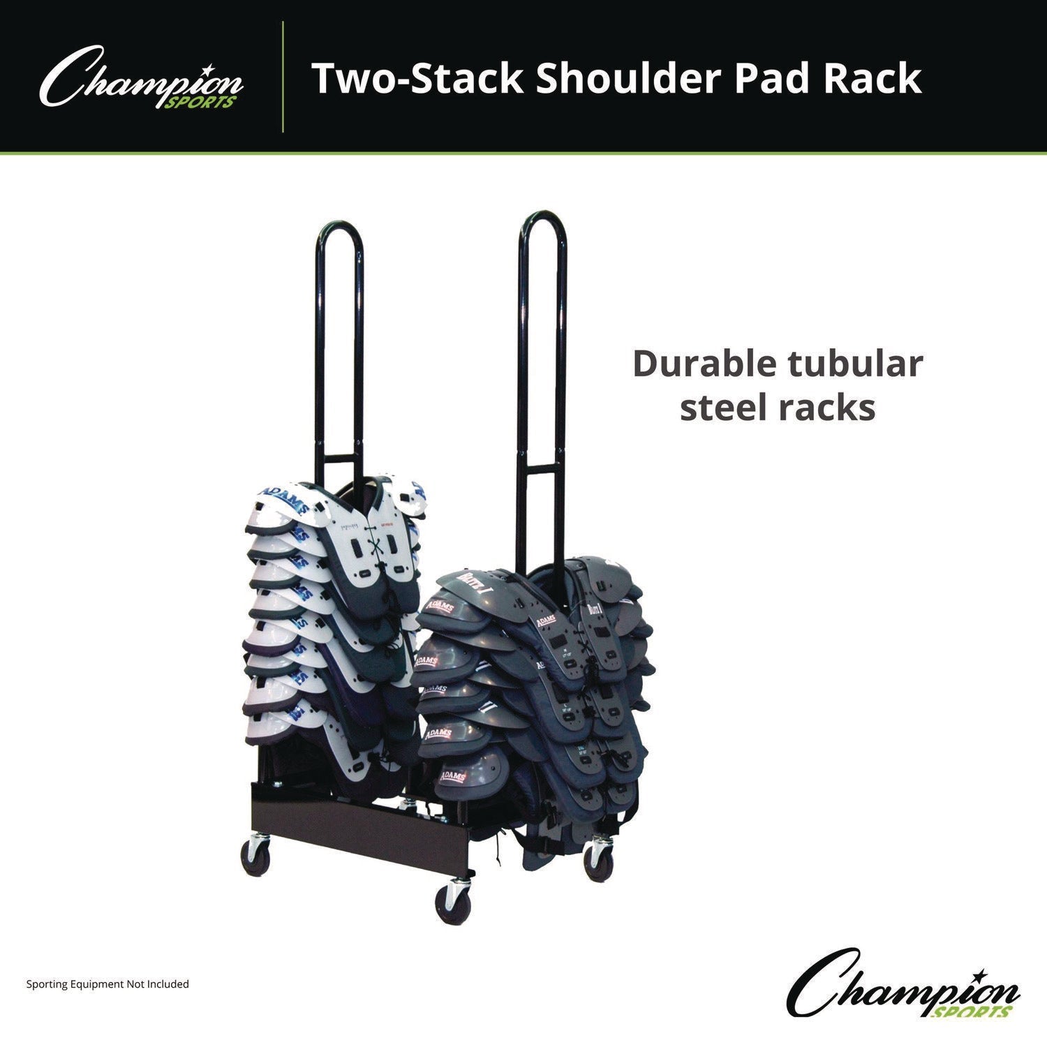 Champion Sports Mobile Two-Stack Shoulder Pad Rack, Metal, 176 lb Capacity, 24" x 30" x 69", Black - Bloom Skins