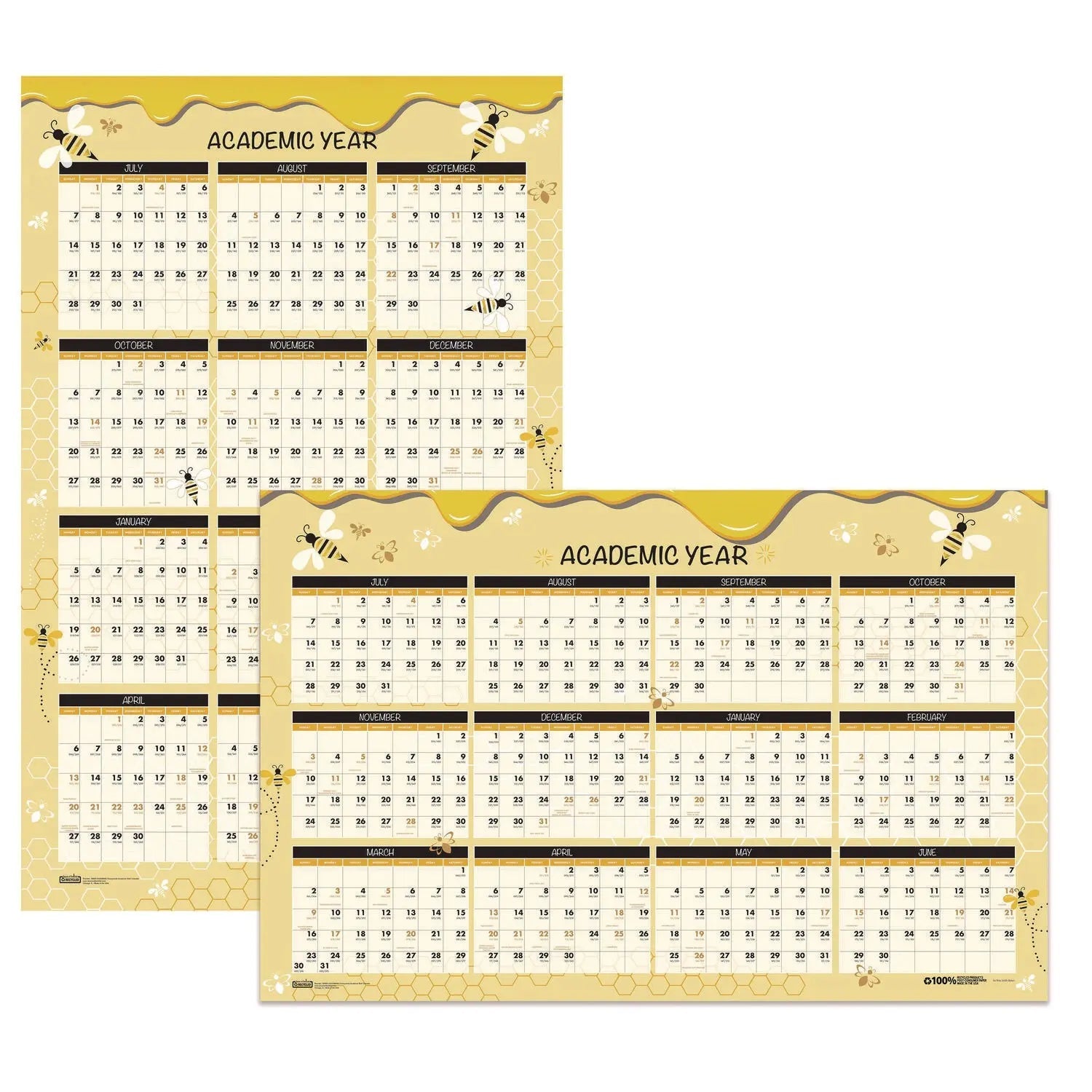 House of Doolittle™ 100% Recycled Academic Honeycomb Laminated Wall Calendar, 24 x 37, Tan/Yellow Sheets, 12-Month (July-June): 2024 to 2025