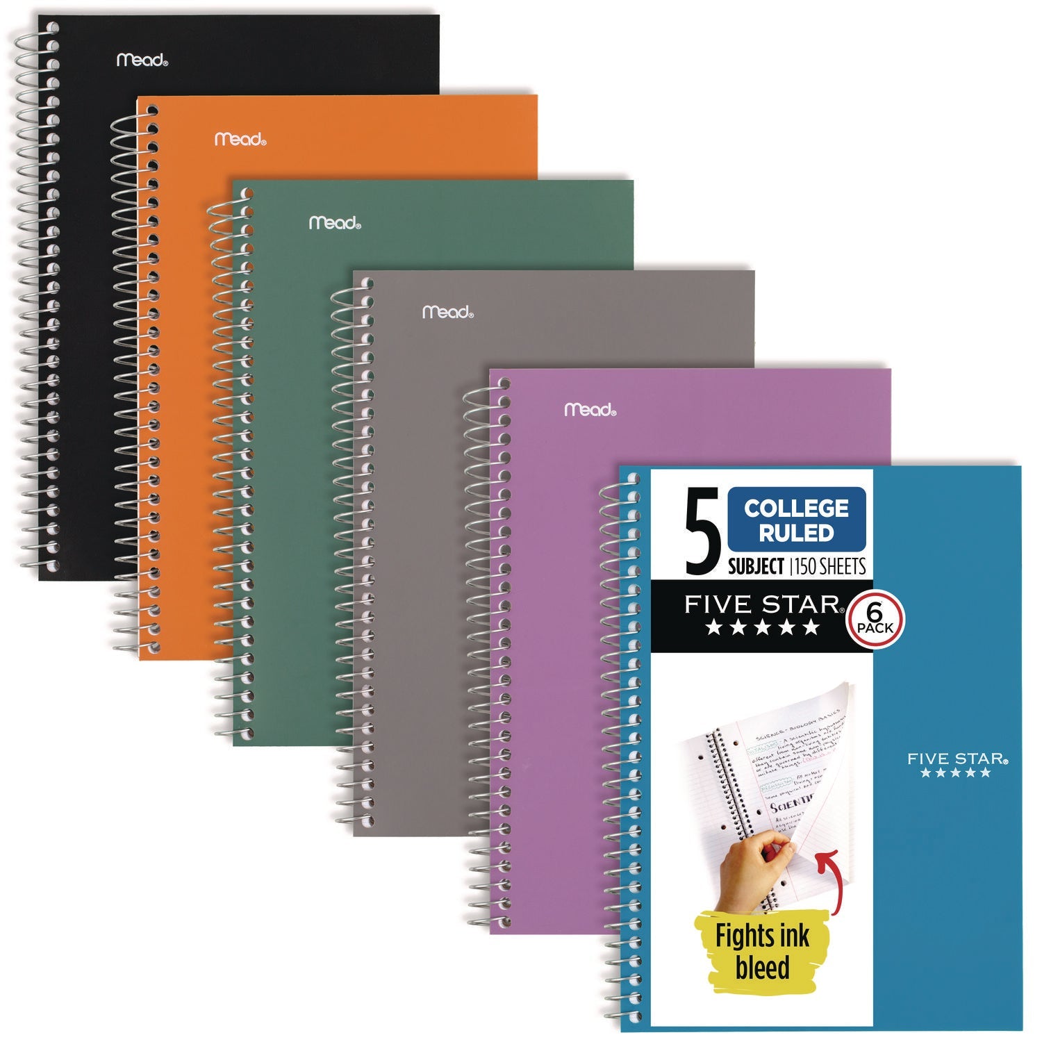 Five Star® Wirebound Notebook, 5-Subject, Medium/College Rule, Assorted Cover Color, (150) 9.5 x 6.63 Sheets, 6/Pack
