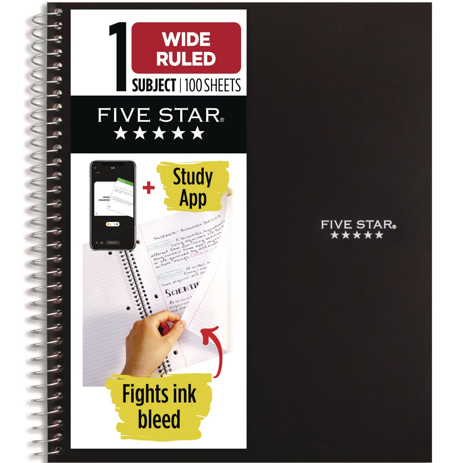 Five Star® Wirebound Notebook, 1-Subject, Wide/Legal Rule, Black Cover, (100) 10. x 8.63 Sheets