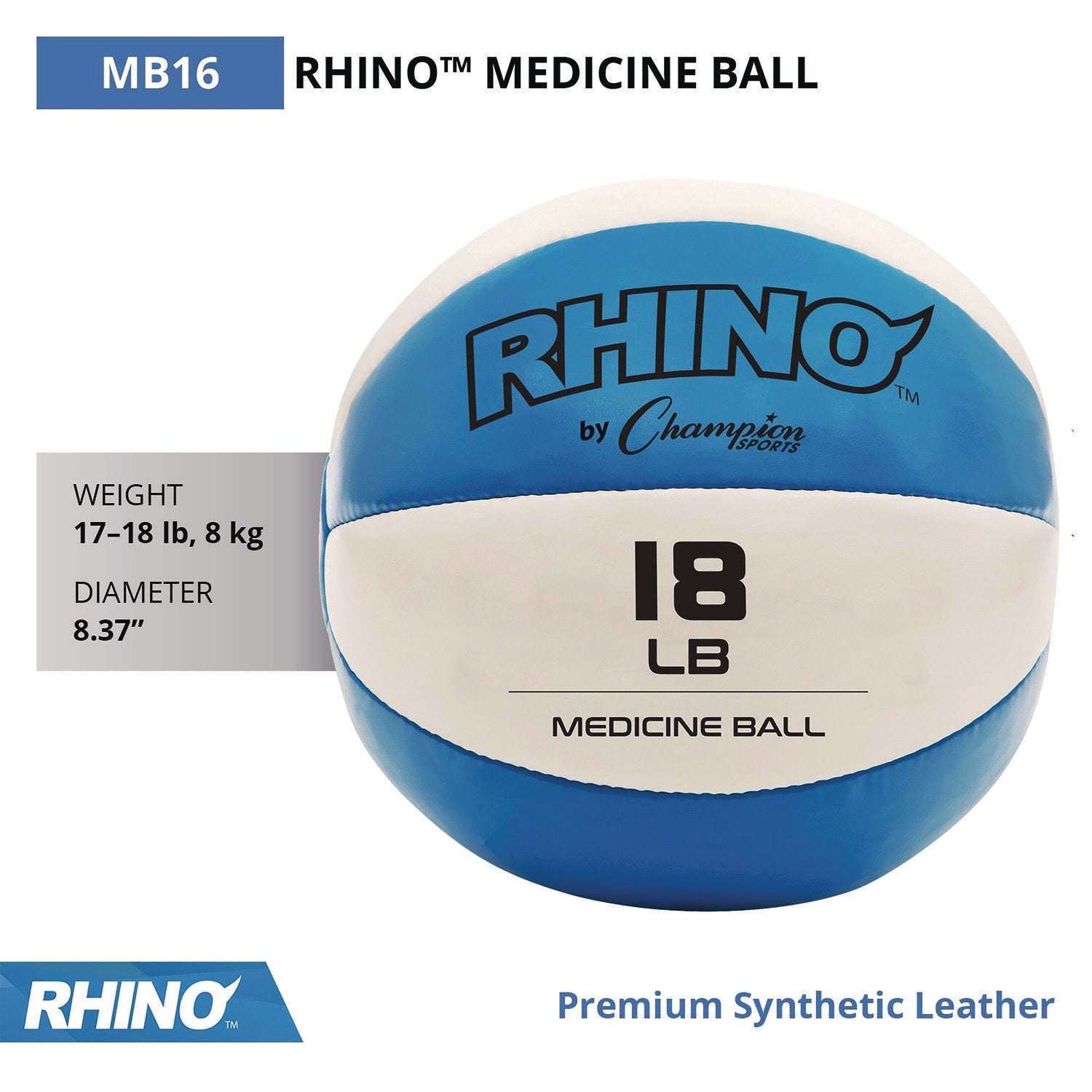 Champion Sports Rhino Leather Medicine Ball, 18 lb, Teal/White
