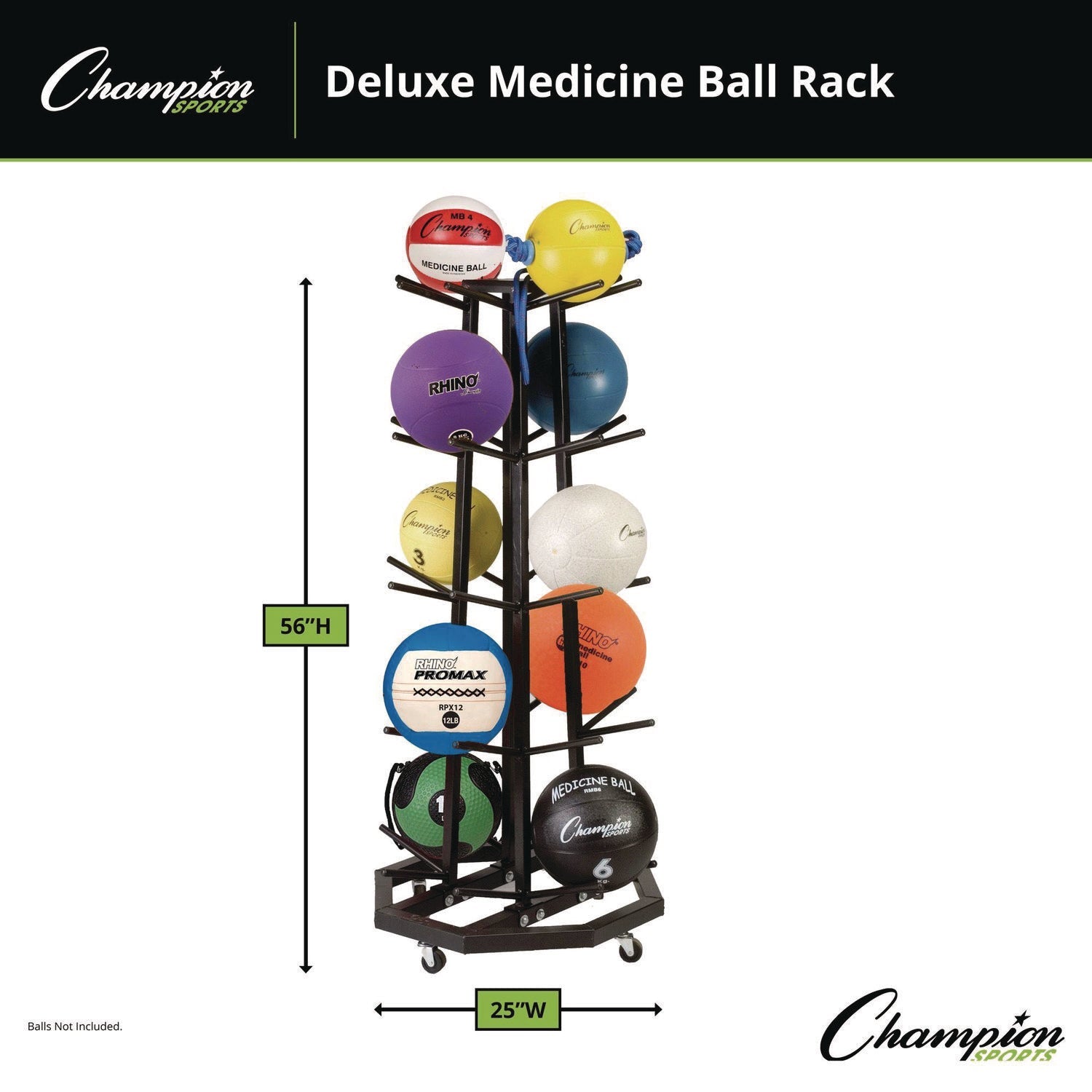 Champion Sports Deluxe Five-Row Mobile Medicine Ball Rack, Metal, 198 lb Capacity, 25" x 25" x 56", Black