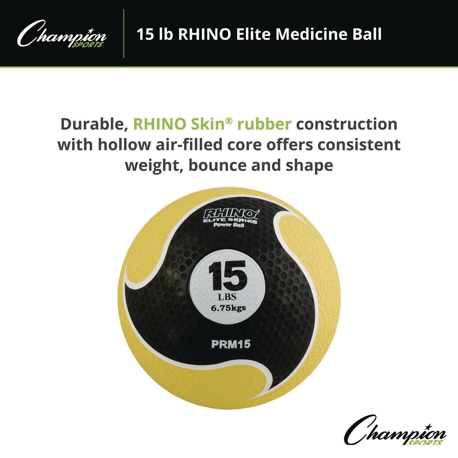 Champion Sports Rhino Elite Medicine Ball, 15 lb, Yellow