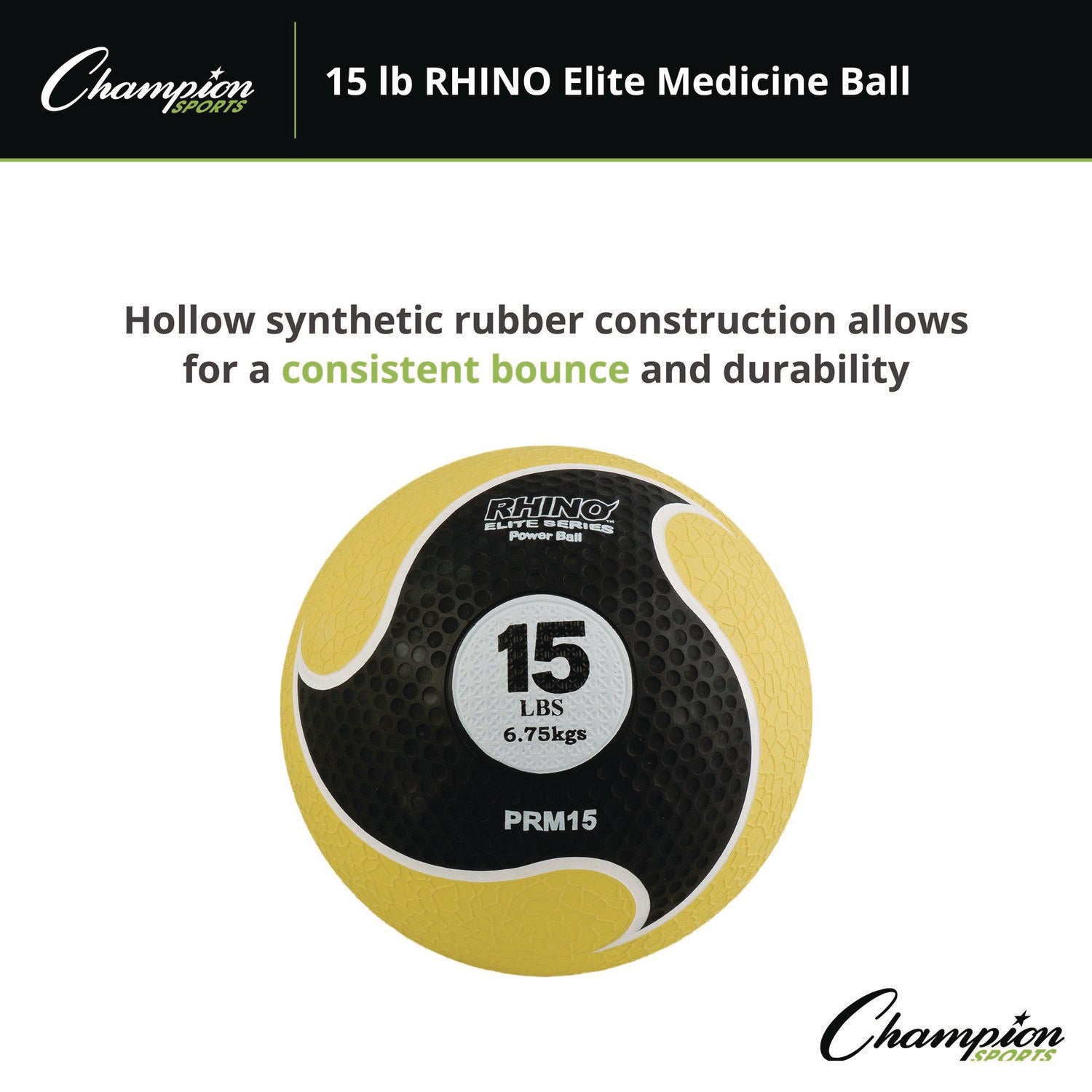 Champion Sports Rhino Elite Medicine Ball, 15 lb, Yellow