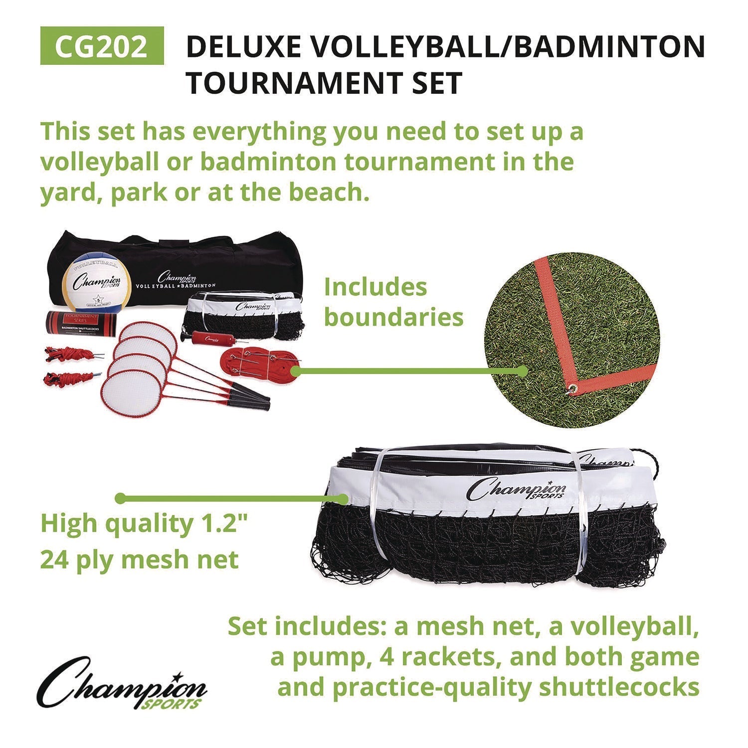 Champion Sports Deluxe Volleyball/Badminton Tournament Set, (4) Rackets/(2) Shuttlecocks/(2) Birdies/Net/Pump/Volleyball