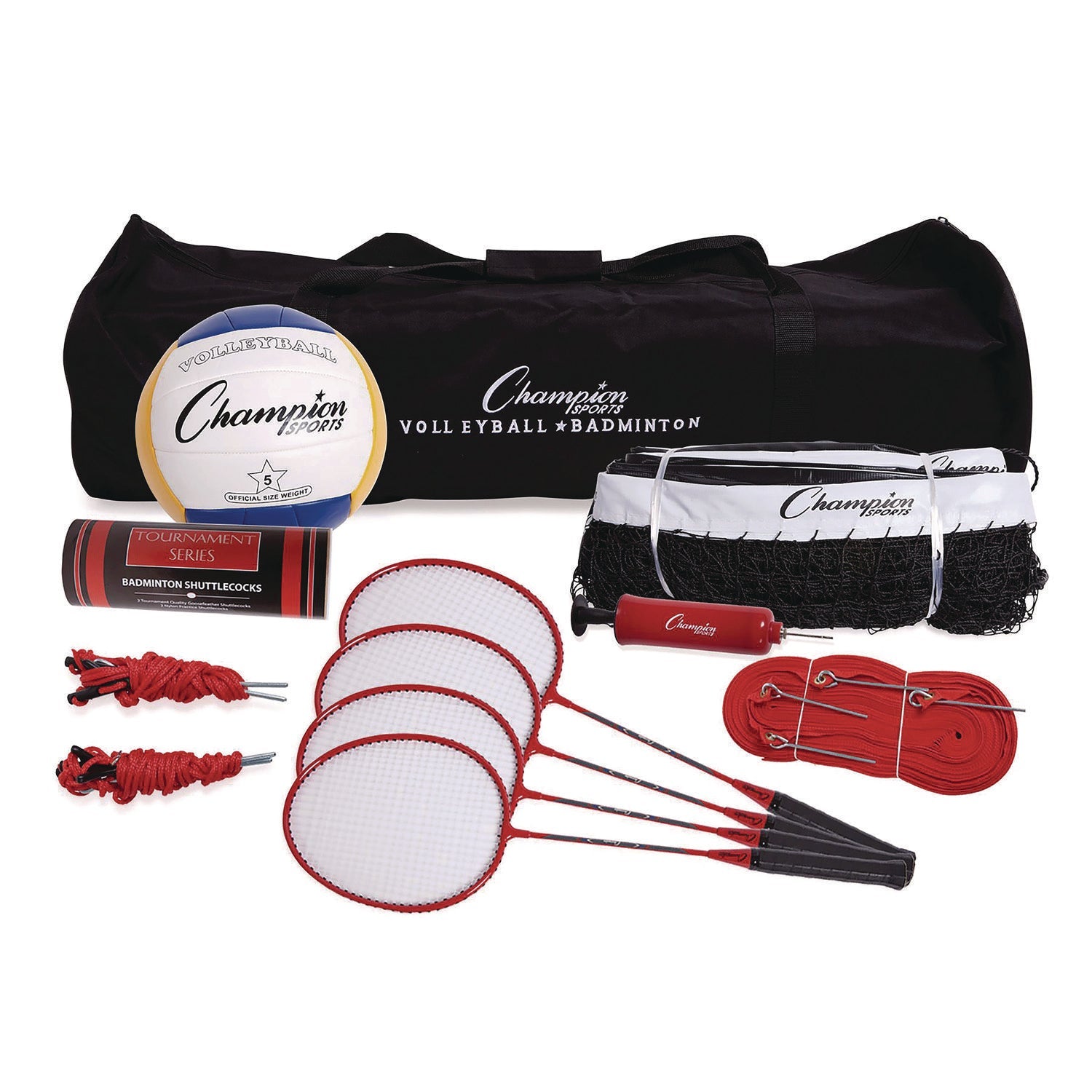Champion Sports Deluxe Volleyball/Badminton Tournament Set, (4) Rackets/(2) Shuttlecocks/(2) Birdies/Net/Pump/Volleyball