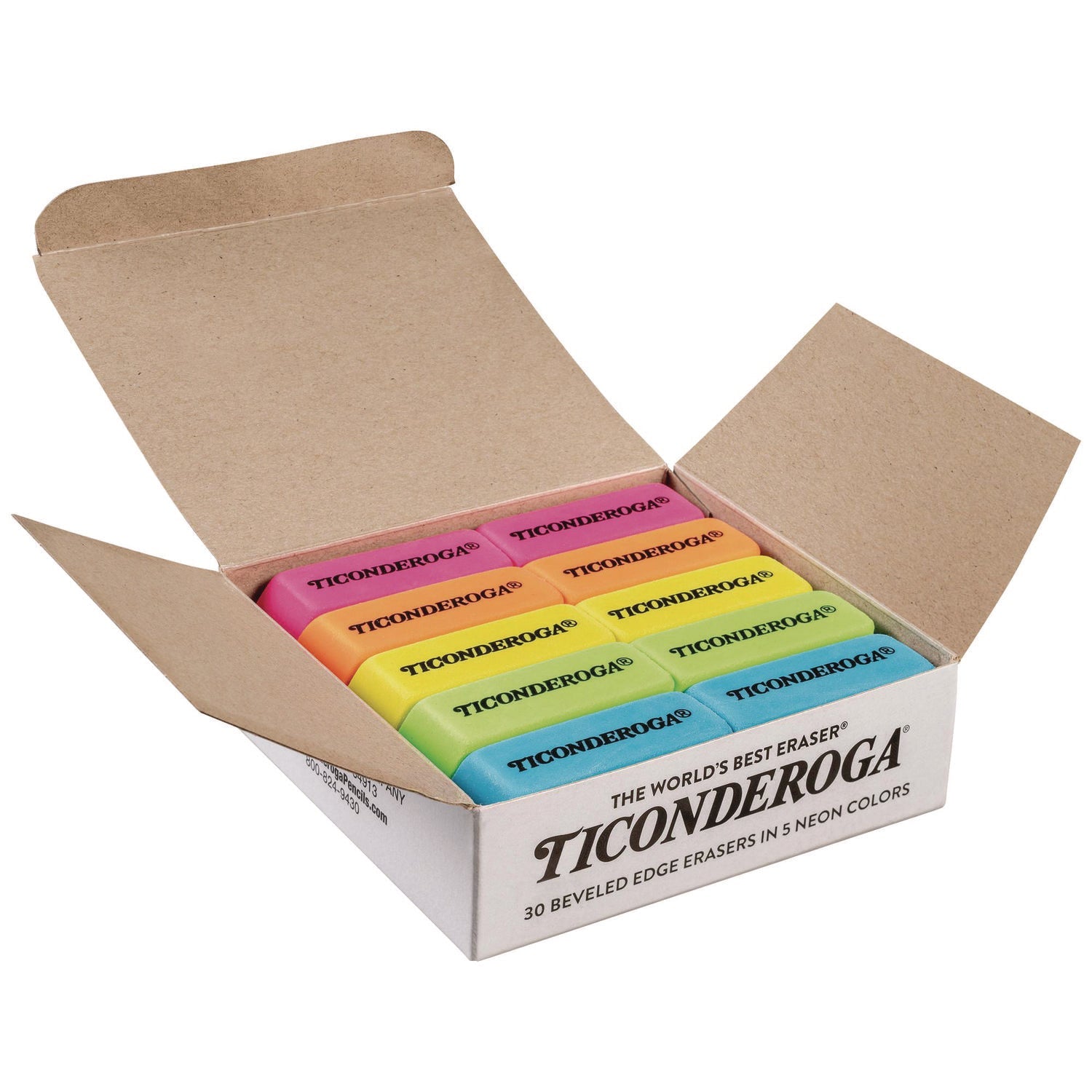 Ticonderoga® Neon Wedged Block Erasers, For Pencil Marks, Slanted-Edge Rectangular Block, Medium, Assorted Colors, 30/Box