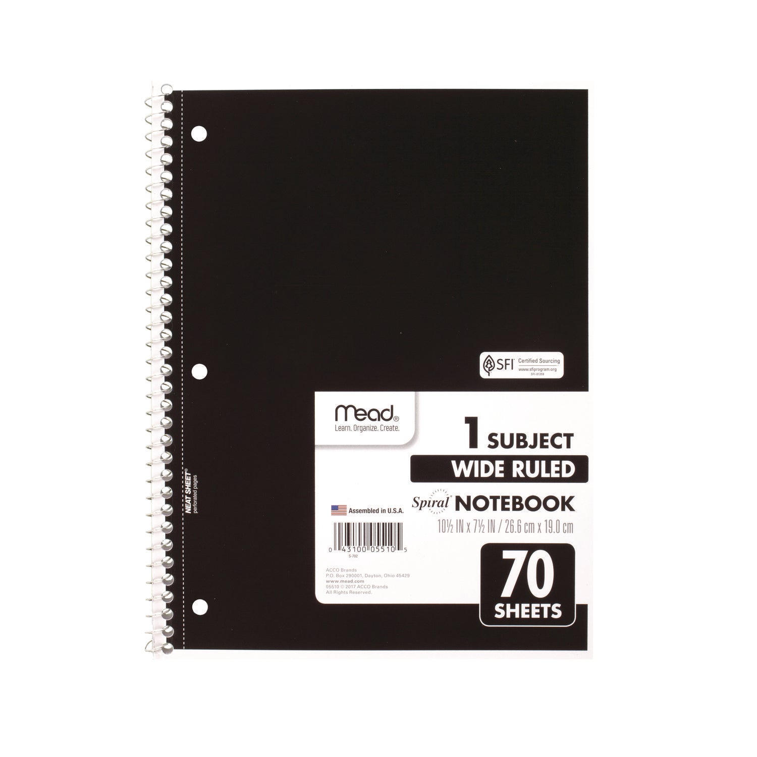 Mead® Spiral Notebook, 3-Hole Punched, 1-Subject, Wide/Legal Rule, Randomly Assorted Cover Color, (70) 10.5 x 7.5 Sheets
