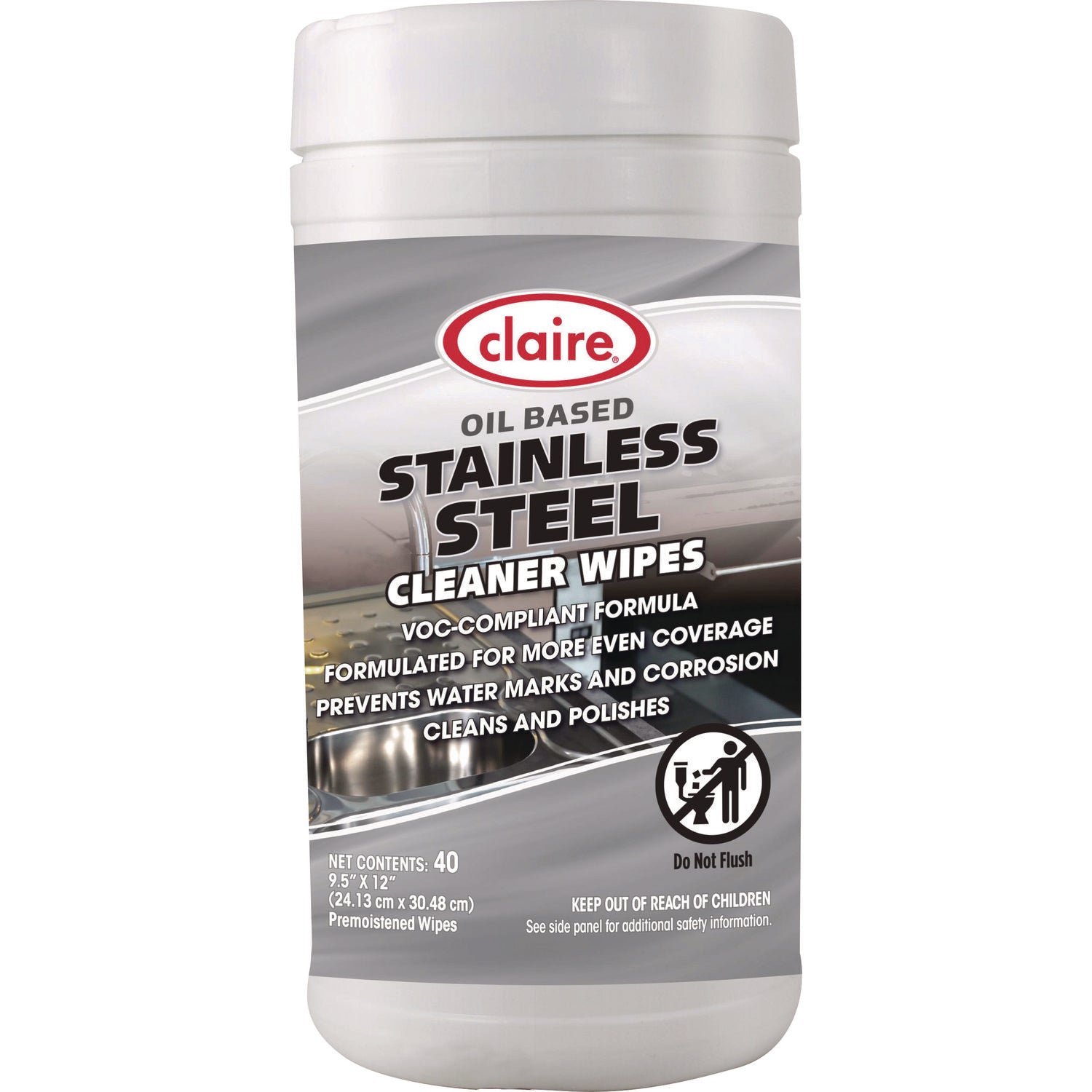 Claire® Stainless Steel Cleaner Wipes, 9.5 x 12, Citrus, Purple, 40 Wipes/Canister, 6 Canisters/Carton