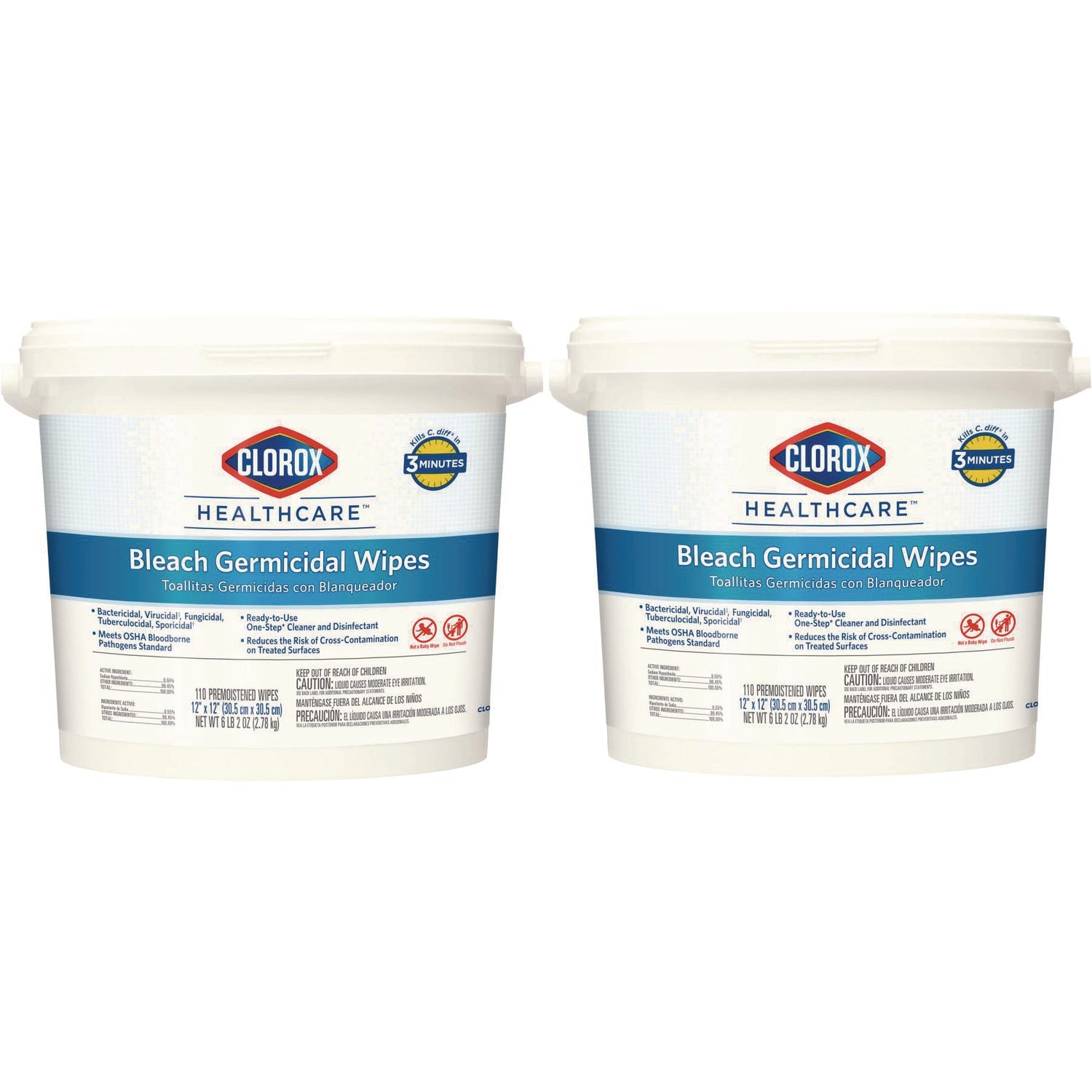 Clorox Healthcare® Bleach Germicidal Wipes, 1-Ply, 12 x 12, Unscented, White, 110/Canister, 2 Canisters/Carton