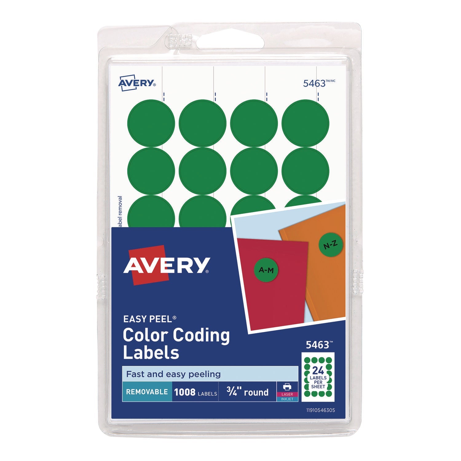 Avery® Printable Self-Adhesive Removable Color-Coding Labels, 0.75" dia, Green, 24/Sheet, 42 Sheets/Pack, (5463)