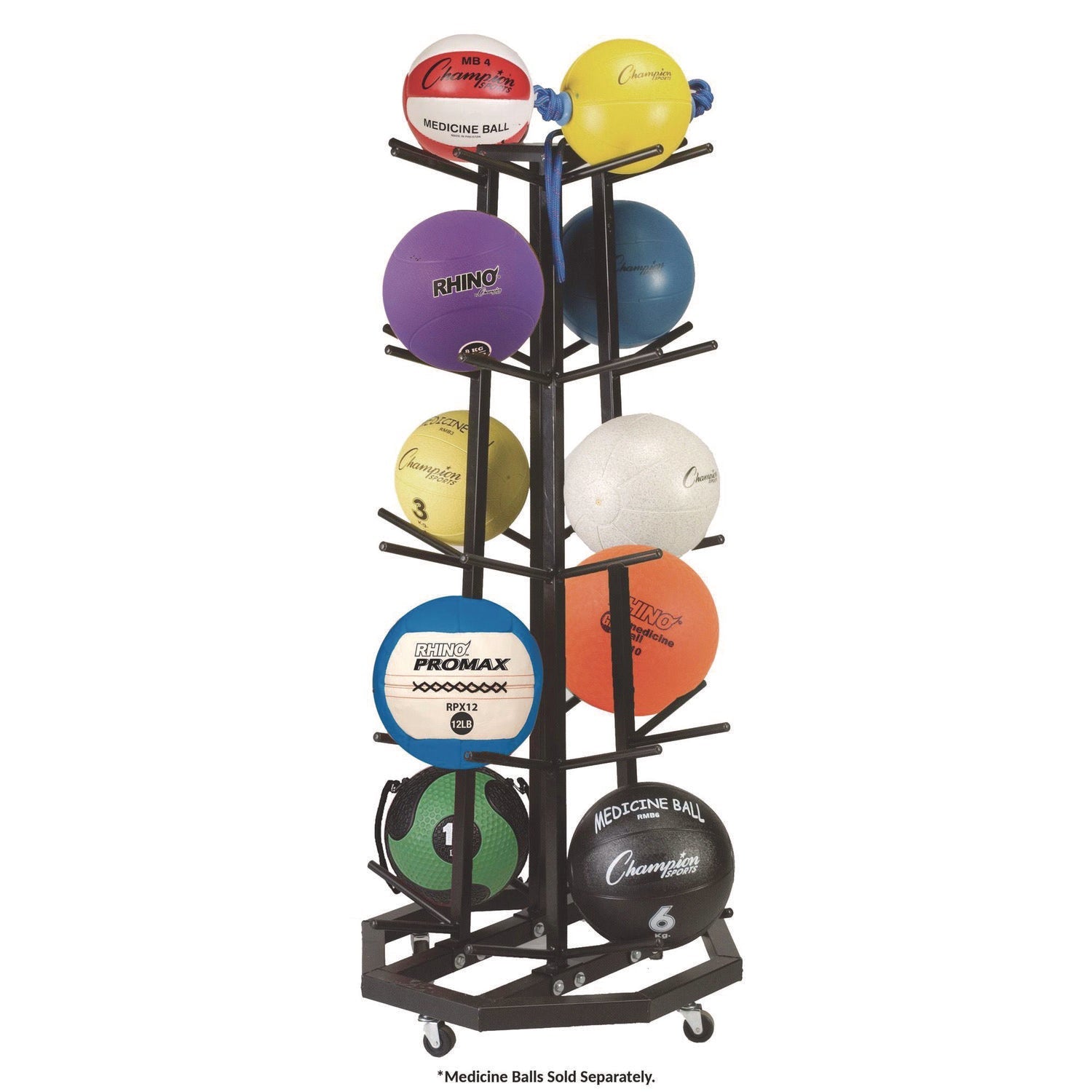 Champion Sports Deluxe Five-Row Mobile Medicine Ball Rack, Metal, 198 lb Capacity, 25" x 25" x 56", Black - Bloom Skins