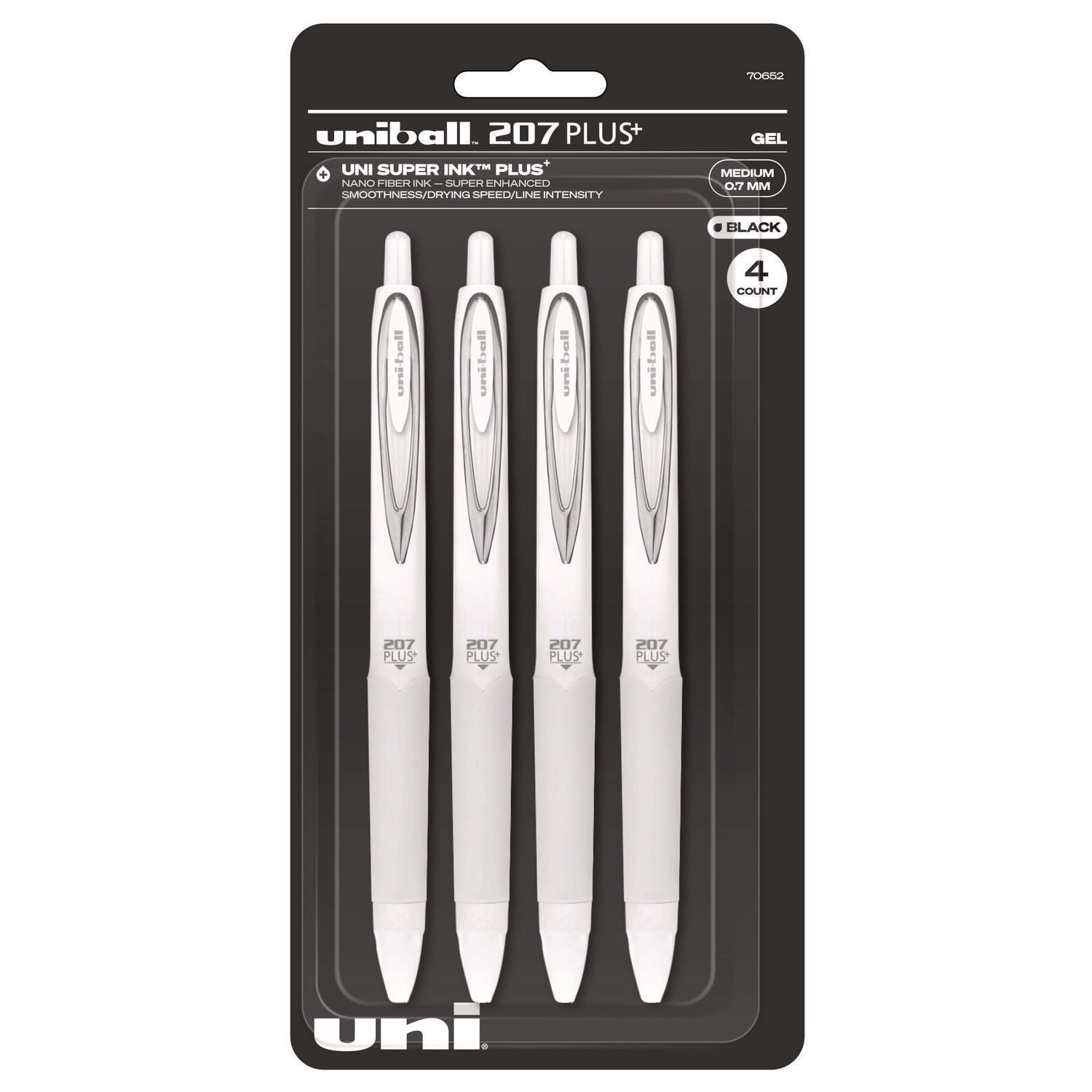 uniball® 207 Plus+ Gel Pen, Retractable, Medium 0.7 mm, Black Ink, White Barrel, 4/Pack