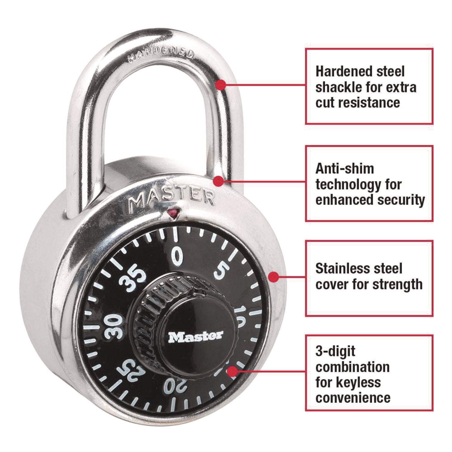 Master Lock® Combination Lock, Stainless Steel, 1.87" Wide, Silver