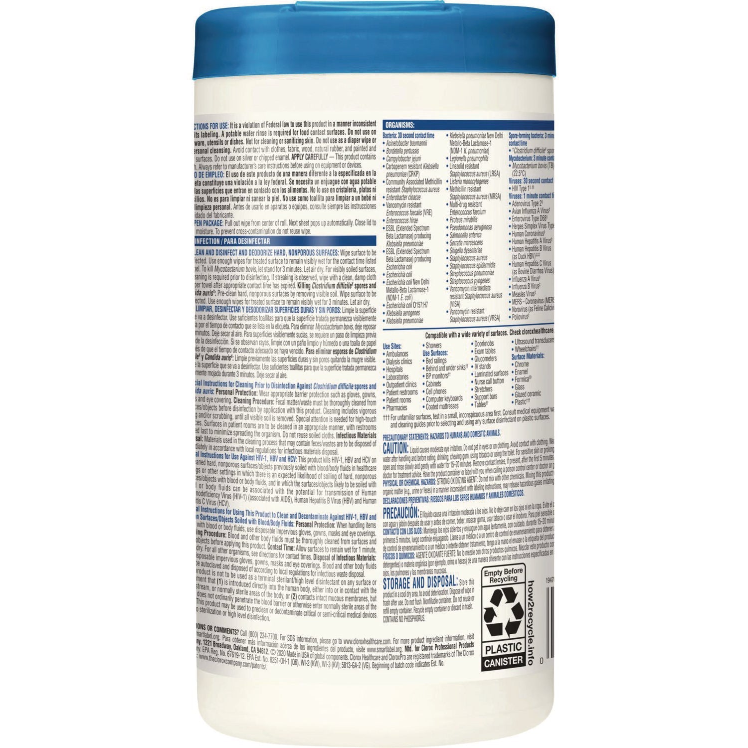 Clorox Healthcare® Bleach Germicidal Wipes, 1-Ply, 6 x 5, Unscented, White, 150/Canister