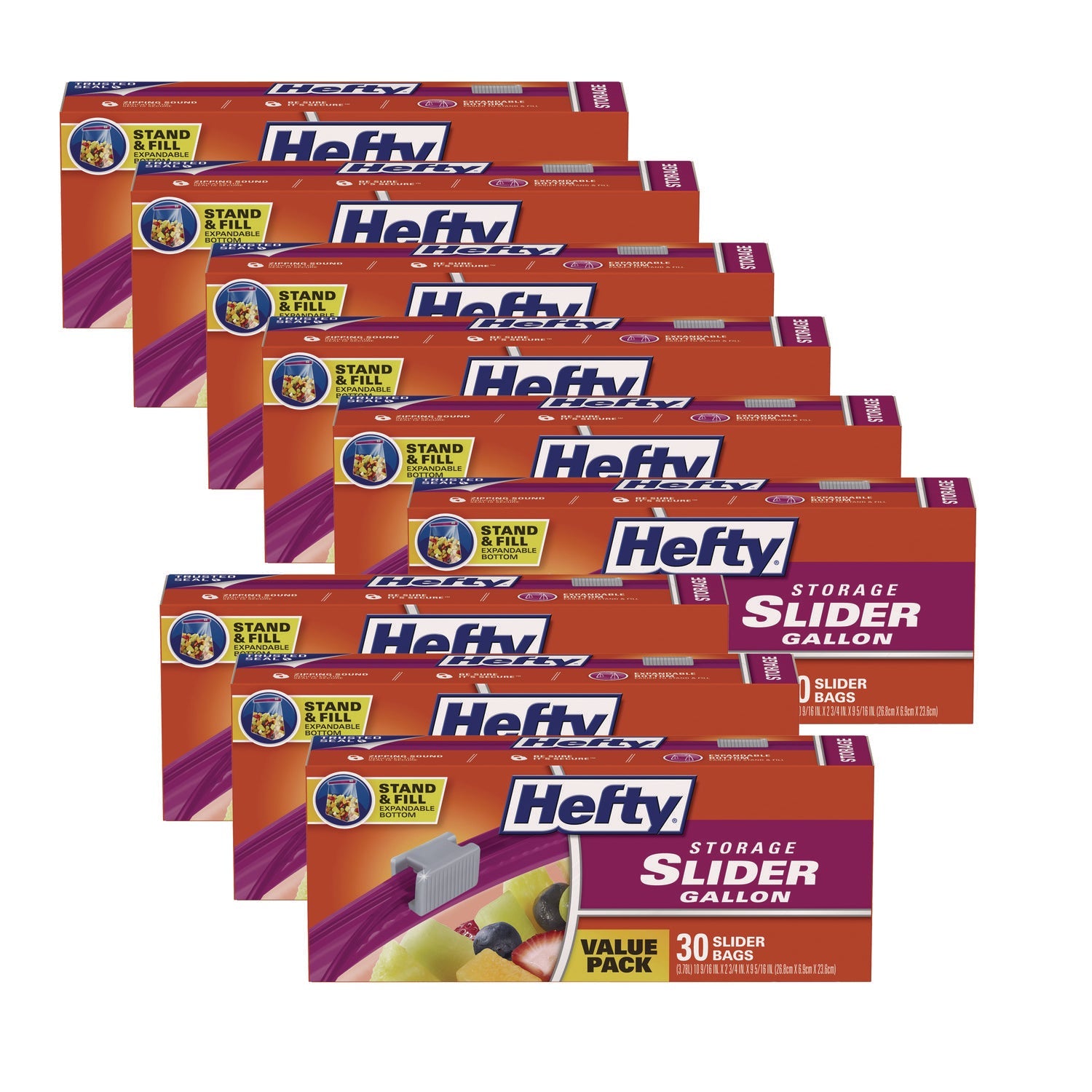 Hefty® Slider Stand and Fill Food Storage Bags, Gallon, 10.56" x 11", Clear, 30 Bags/Box, 9 Boxes/Carton