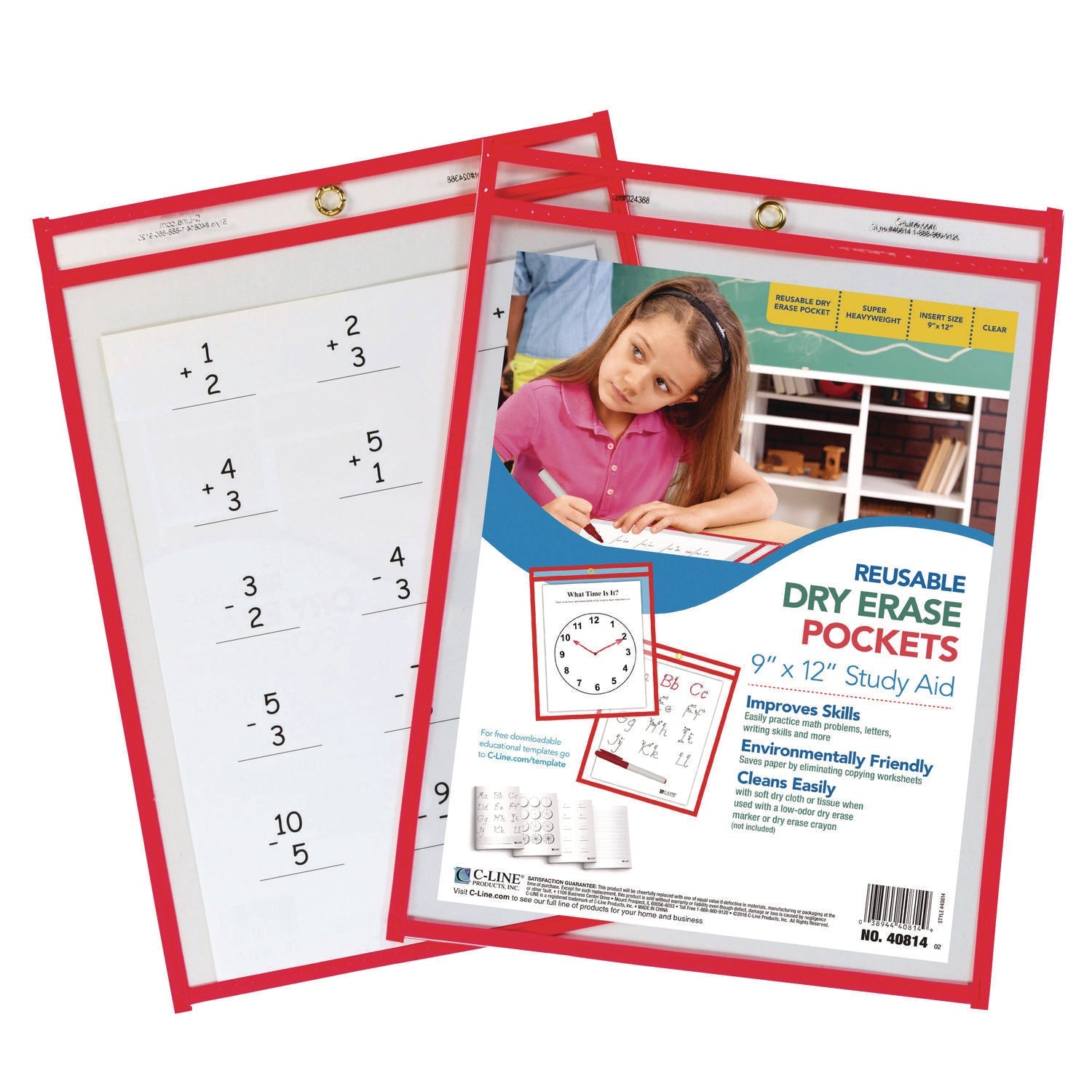 C-Line® Reusable Dry Erase Pockets, 9 x 12, Neon Red, 30/Pack