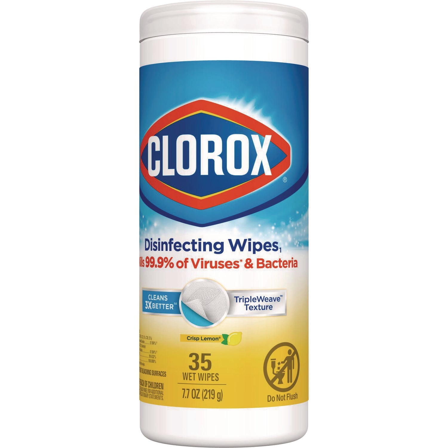 Clorox® Disinfecting Wipes, 1-Ply, 7 x 8, Crisp Lemon, White, 35/Canister, 12 Canisters/Carton