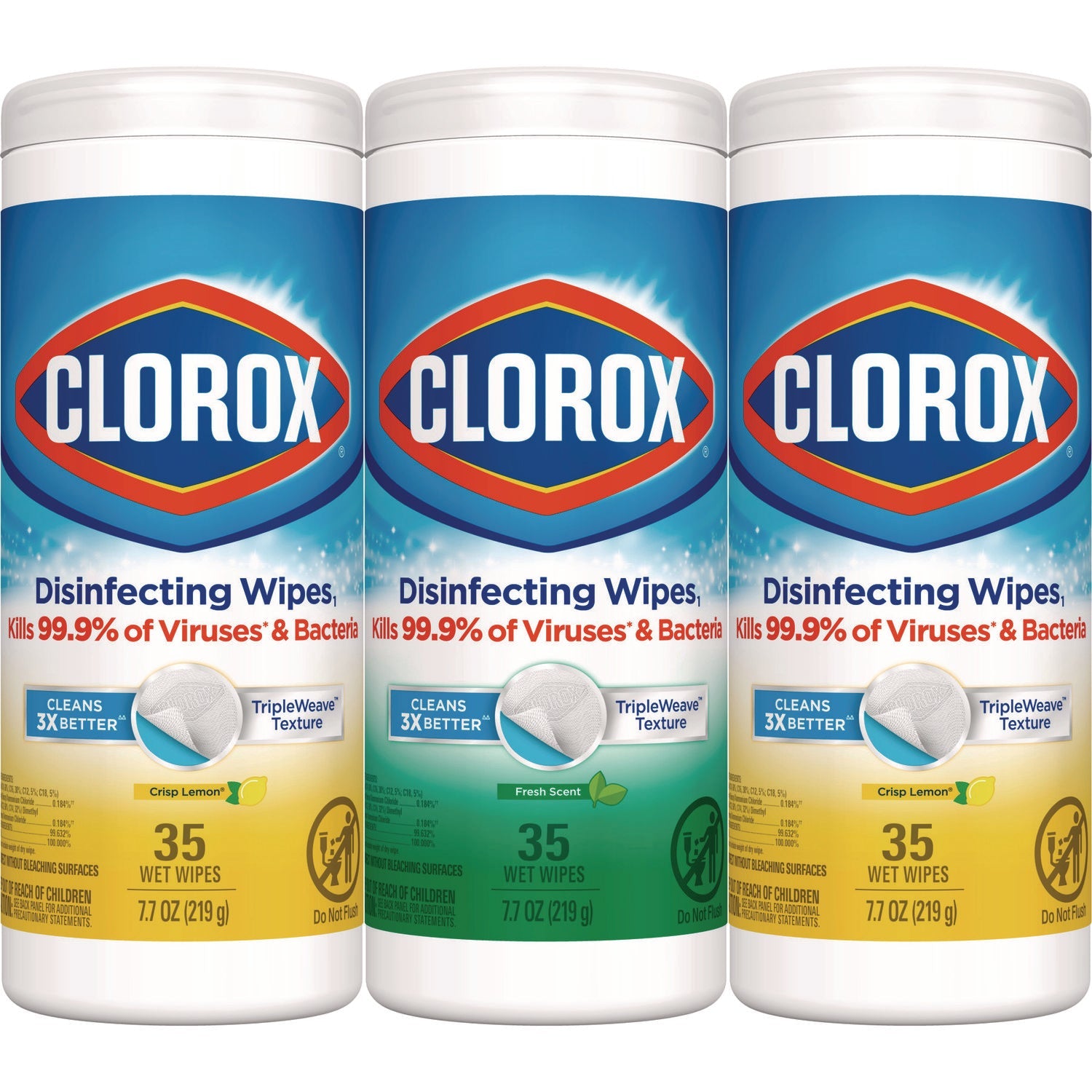 Clorox® Disinfecting Wipes, 1-Ply, 7 x 8, Fresh Scent/Citrus Blend, White, 35/Canister, 3 Canisters/Pack