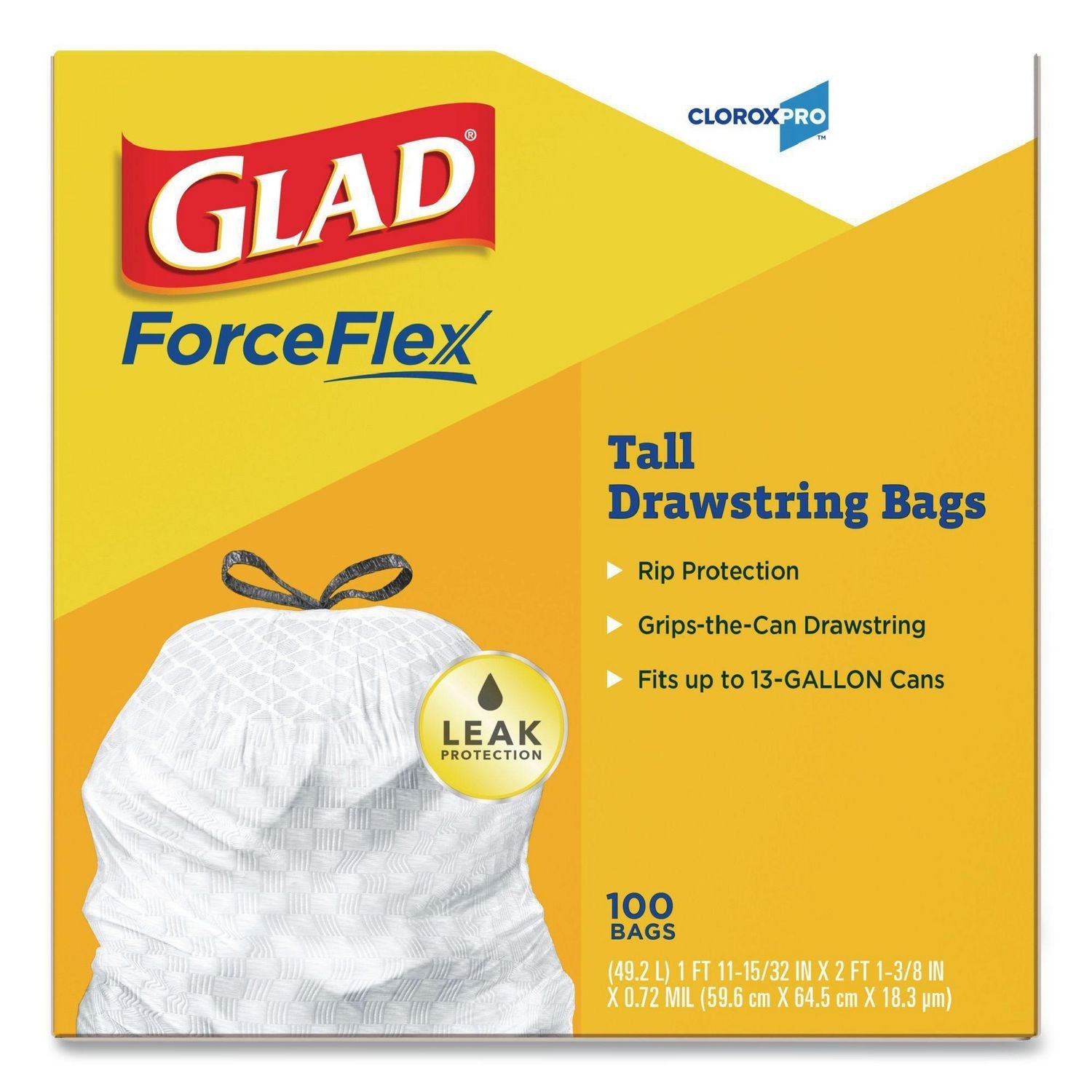 Glad® CloroxPro ForceFlex Tall Kitchen Drawstring Trash Bags, 13 gal, 24 x 27.38, Gray, 100 Bags/Box, 4 Boxes/Carton
