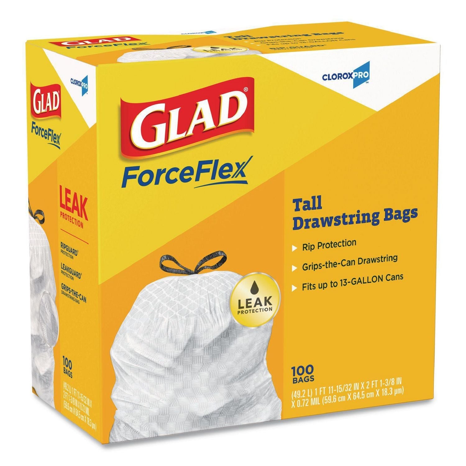 Glad® CloroxPro ForceFlex Tall Kitchen Drawstring Trash Bags, 13 gal, 24 x 27.38, Gray, 100 Bags/Box, 4 Boxes/Carton