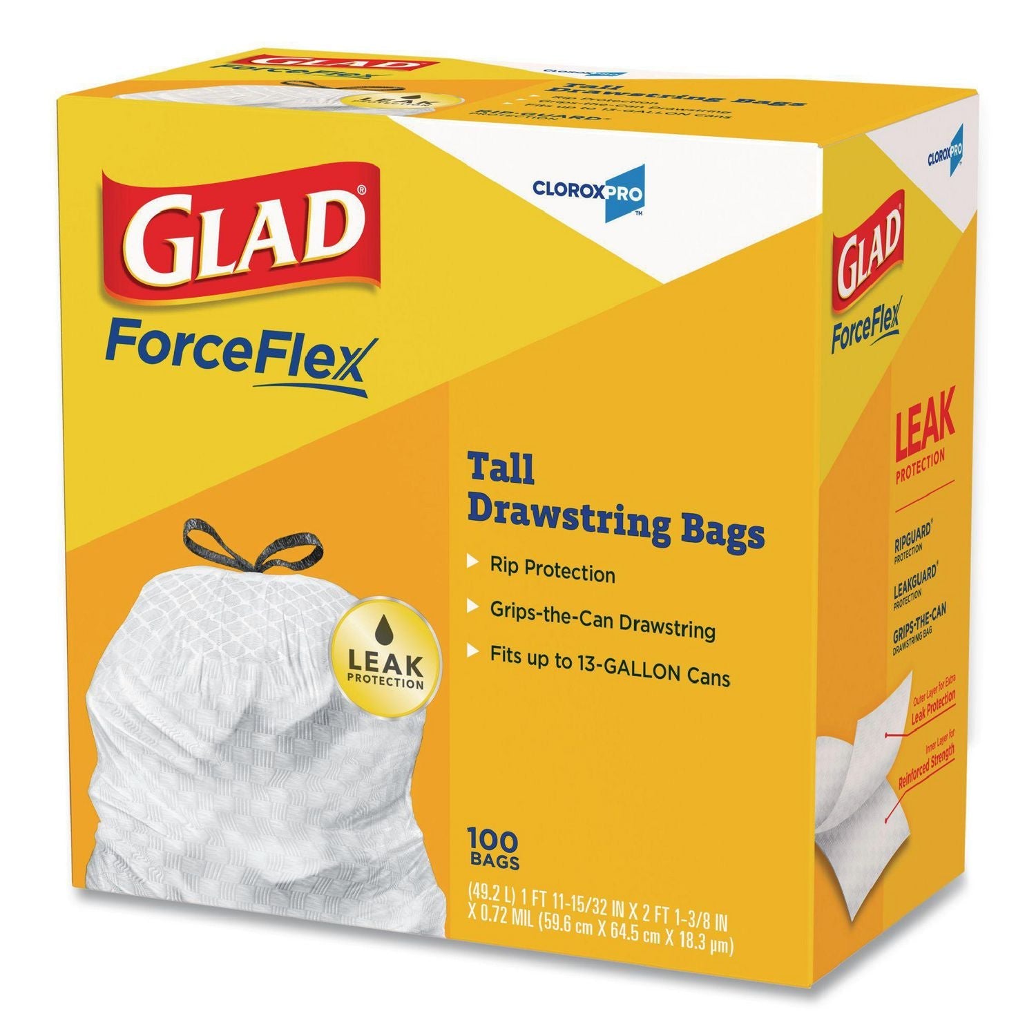 Glad® CloroxPro ForceFlex Tall Kitchen Drawstring Trash Bags, 13 gal, 24 x 27.38, Gray, 100 Bags/Box, 4 Boxes/Carton