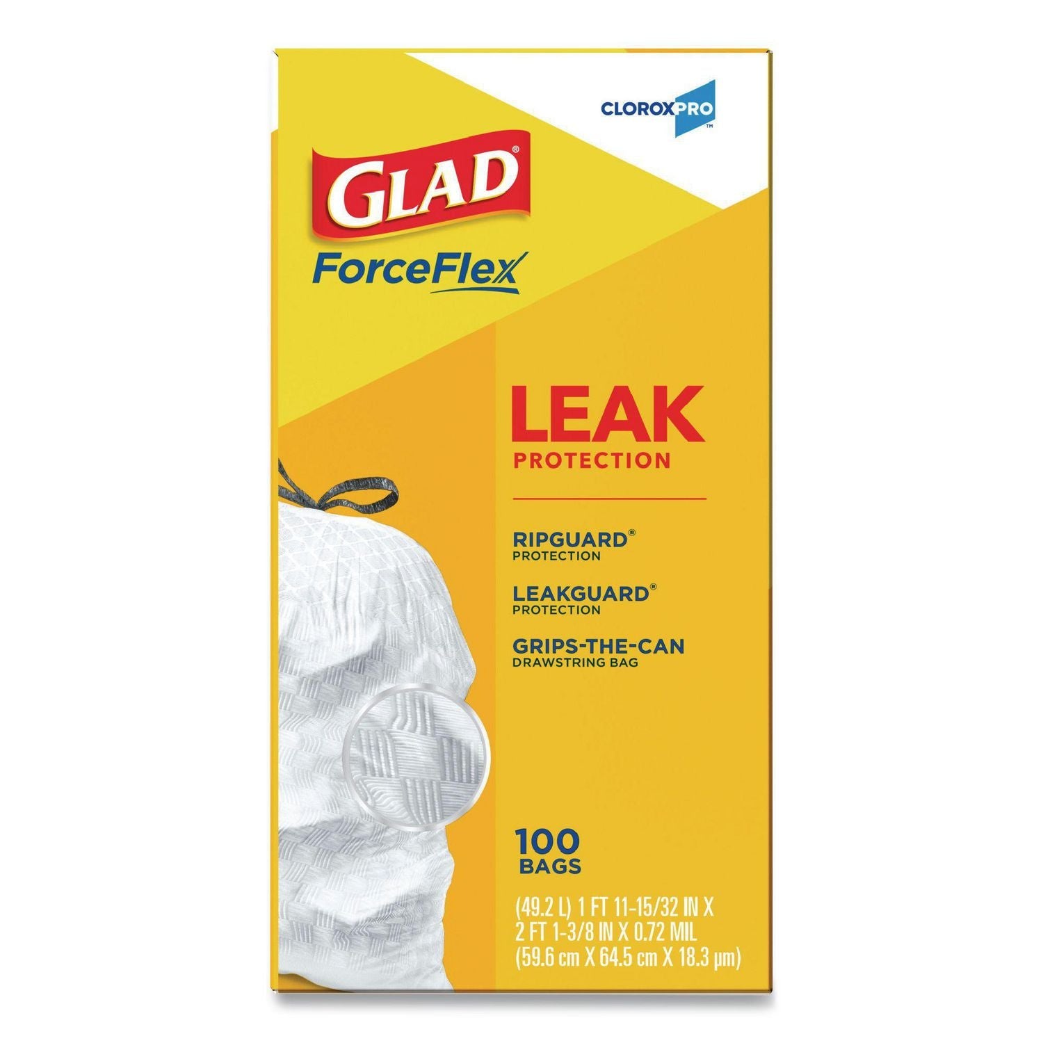 Glad® CloroxPro ForceFlex Tall Kitchen Drawstring Trash Bags, 13 gal, 24 x 27.38, Gray, 100 Bags/Box, 4 Boxes/Carton