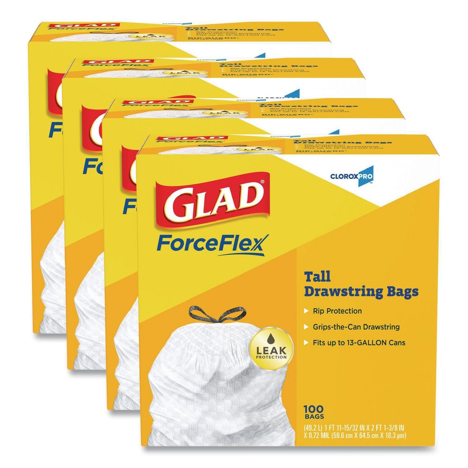 Glad® CloroxPro ForceFlex Tall Kitchen Drawstring Trash Bags, 13 gal, 24 x 27.38, Gray, 100 Bags/Box, 4 Boxes/Carton