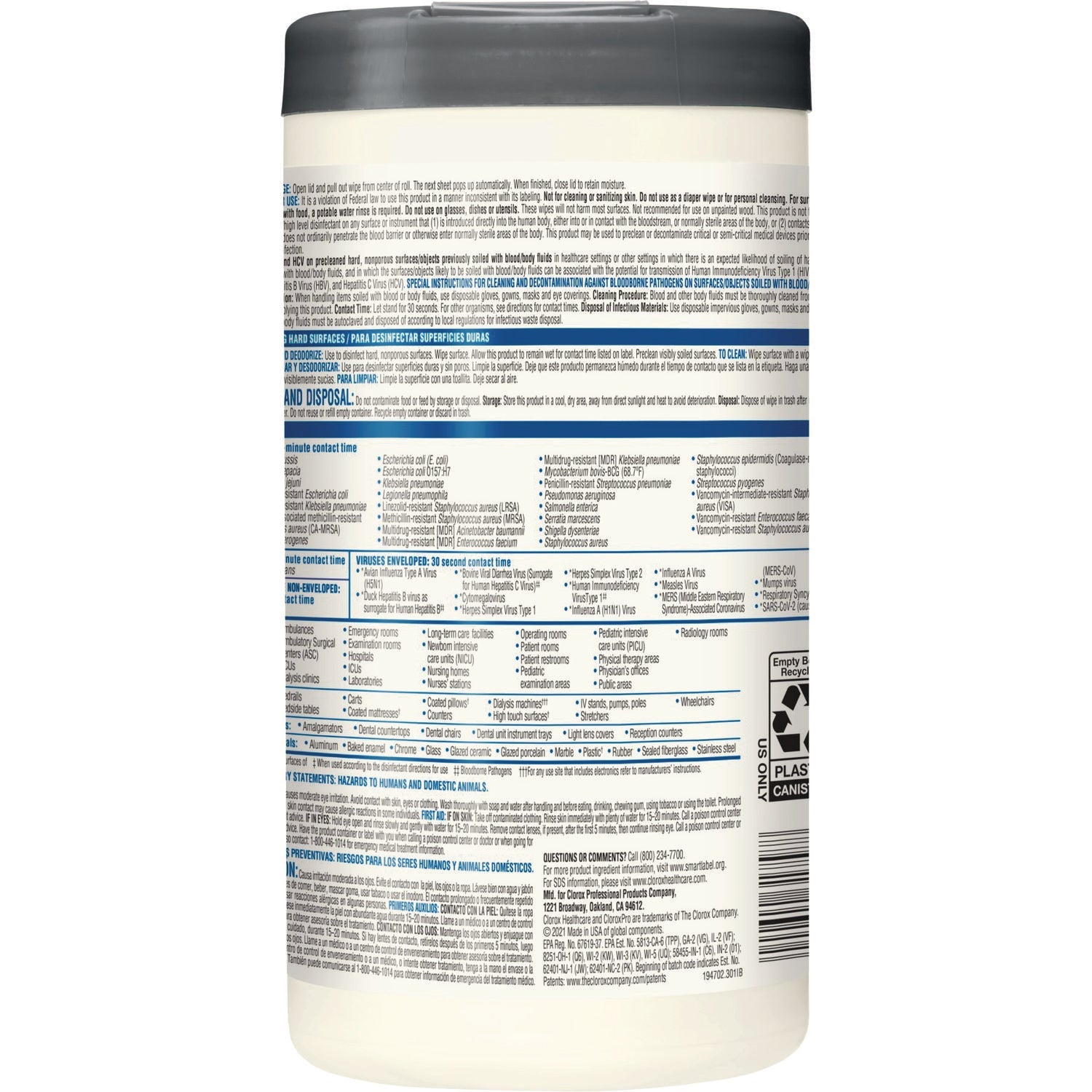 Clorox Healthcare® VersaSure Cleaner Disinfectant Wipes, 1-Ply, 6.75 x 8, Fragranced, White, 150/Canister, 6 Canisters/Carton
