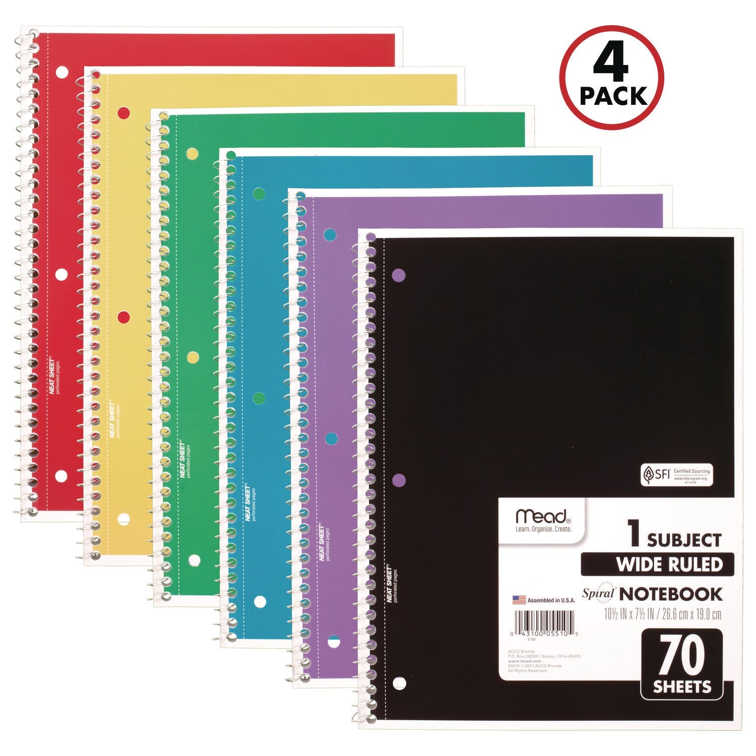 Mead® Spiral Notebook, 1-Subject, Wide/Legal Rule, Randomly Assorted Cover Color, (70) 8 x 10.5 Sheets, 4/Pack