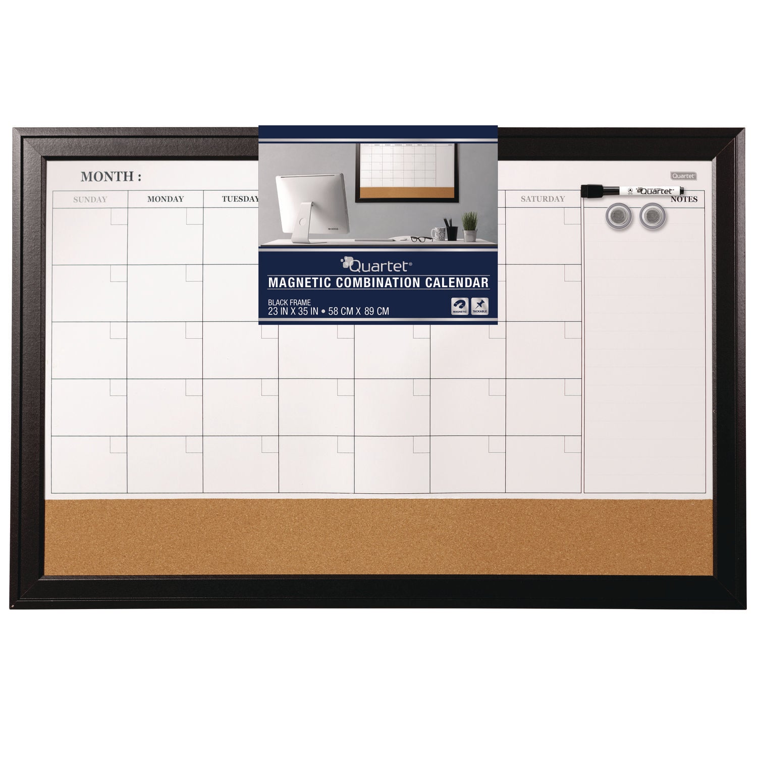 Quartet® Magnetic Combination Board Calendar, Monthly Planning/Scheduling, 35" x 23", Tan/White Surface, Black Wood Frame