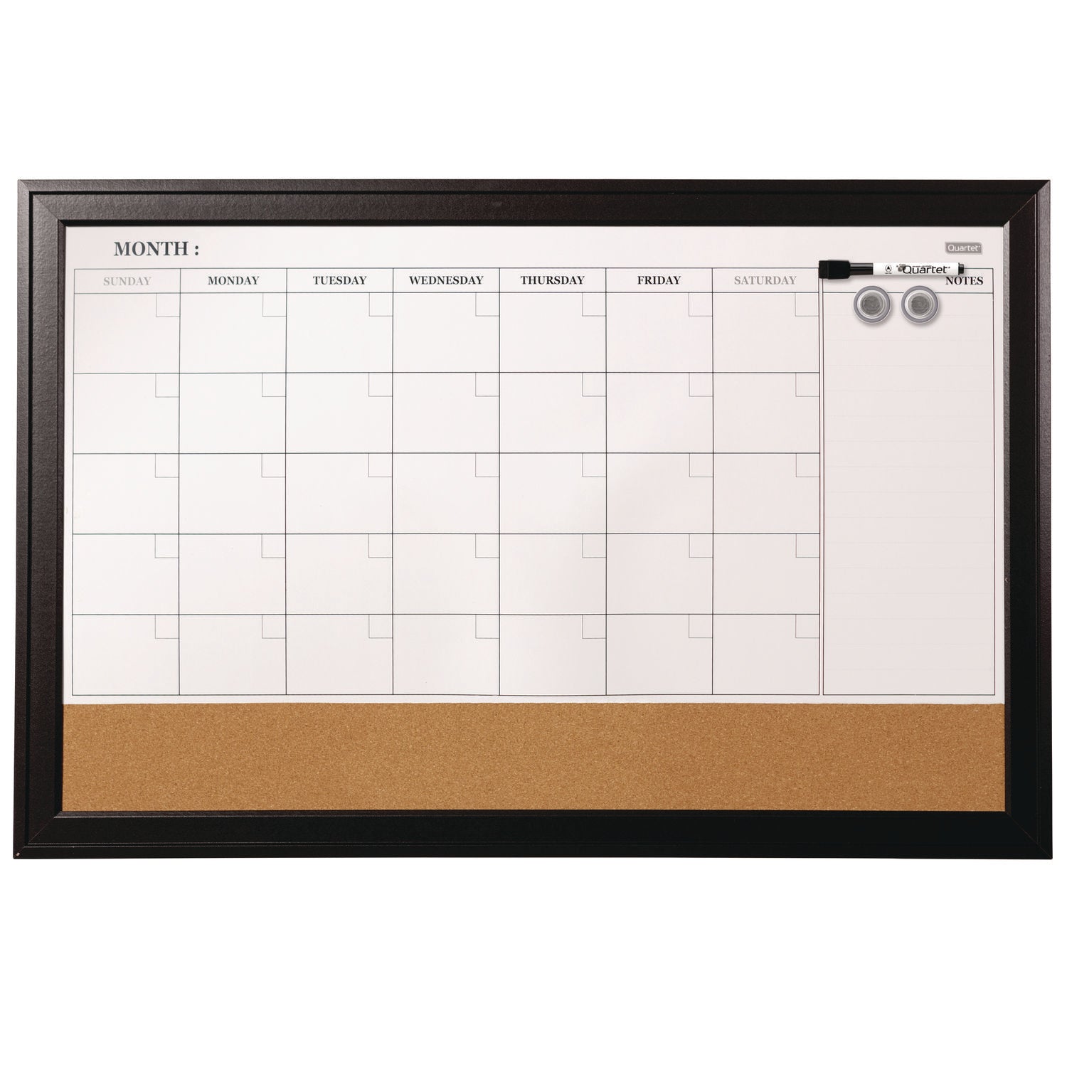 Quartet® Magnetic Combination Board Calendar, Monthly Planning/Scheduling, 35" x 23", Tan/White Surface, Black Wood Frame