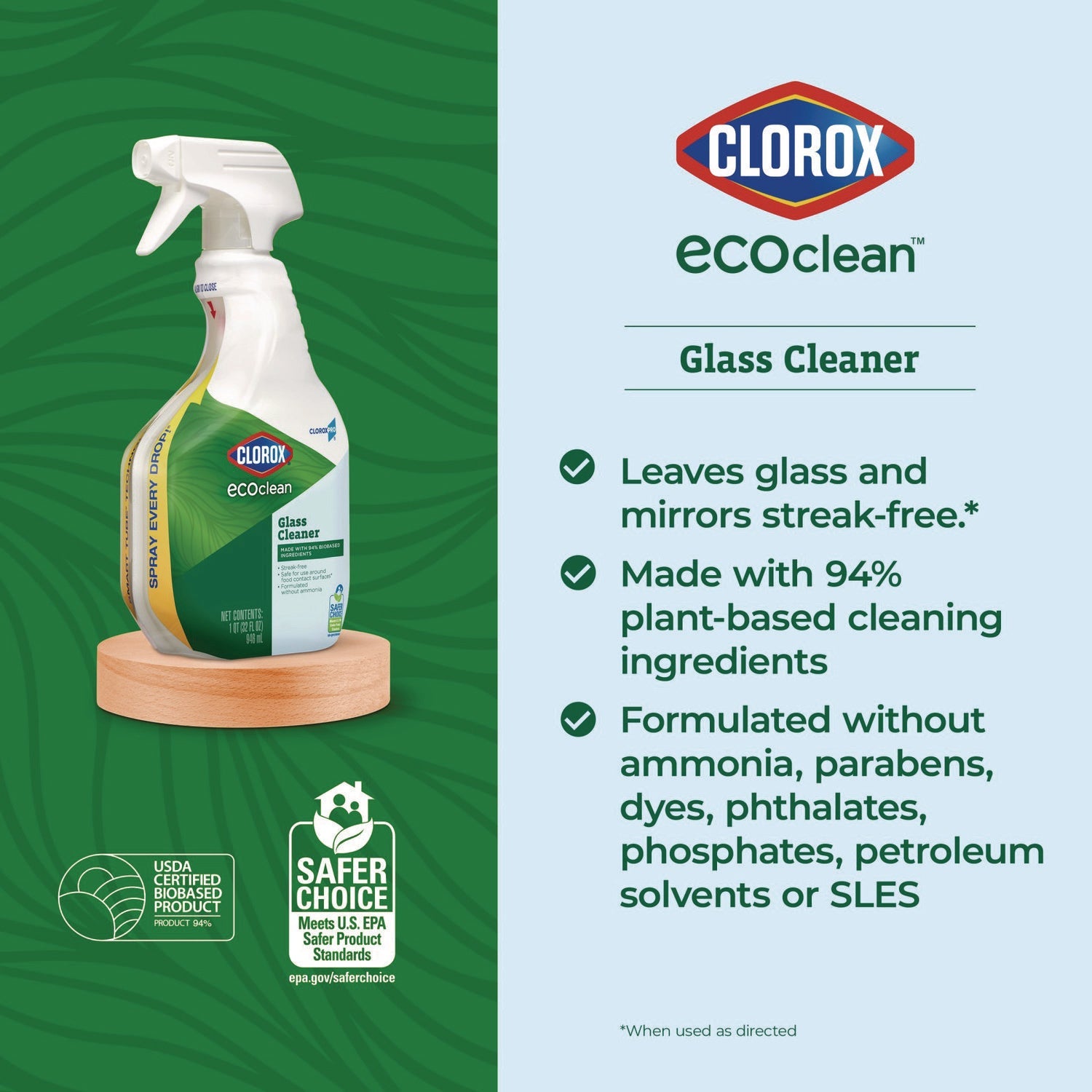 Clorox® Clorox Pro EcoClean Glass Cleaner, Unscented, 32 oz Spray Bottle, 9/Carton