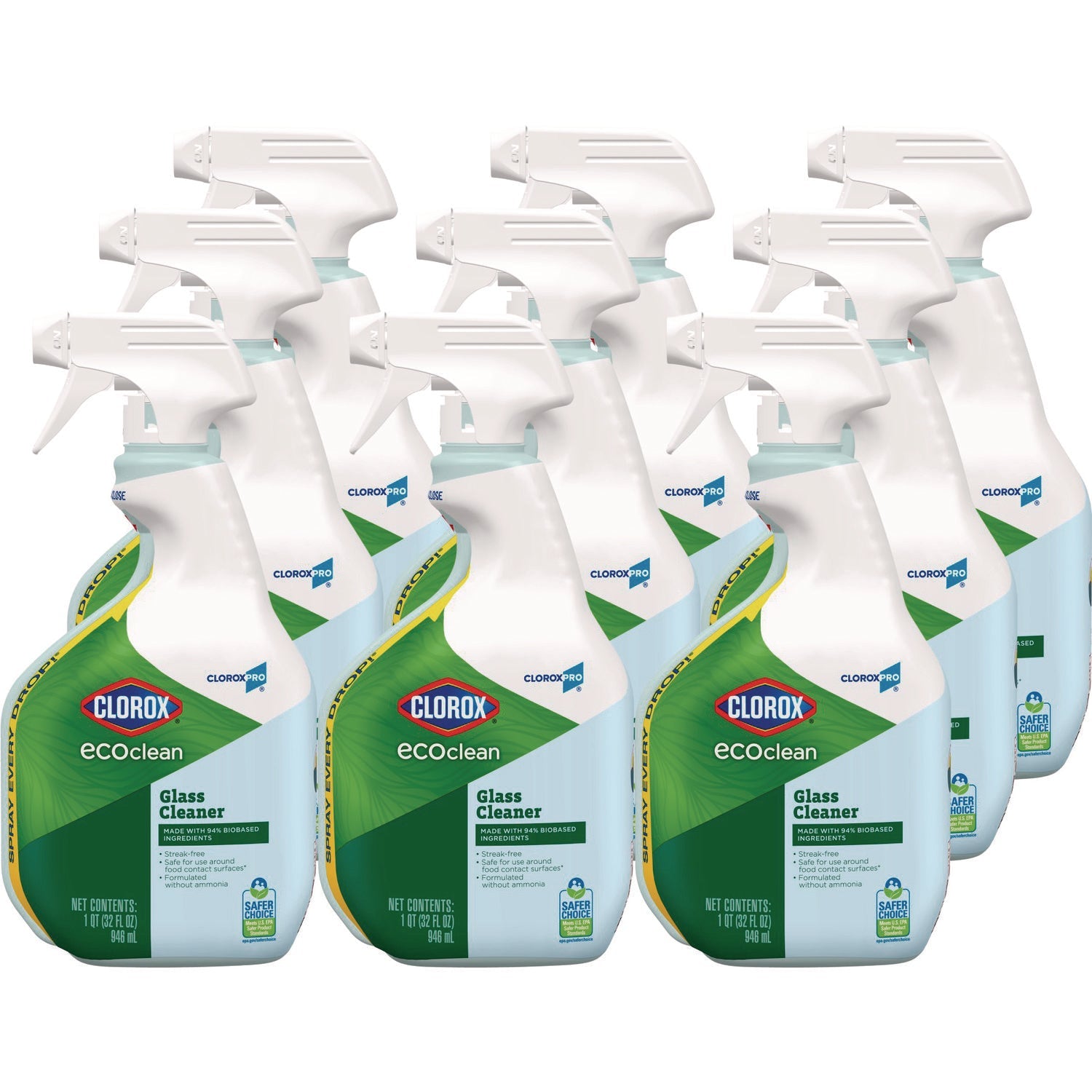 Clorox® Clorox Pro EcoClean Glass Cleaner, Unscented, 32 oz Spray Bottle, 9/Carton