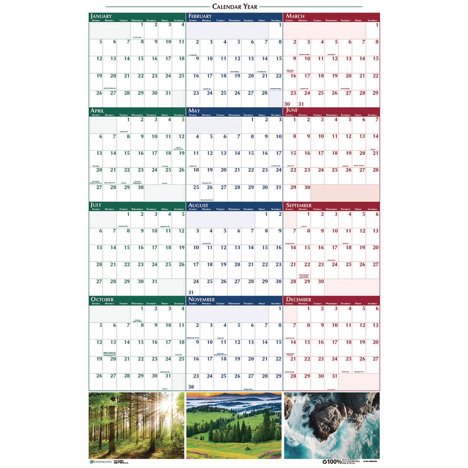 House of Doolittle™ Earthscapes Recycled Reversible/Erasable Yearly Wall Calendar, Nature Photos, 18 x 24, White Sheets, 12-Month (Jan-Dec): 2025
