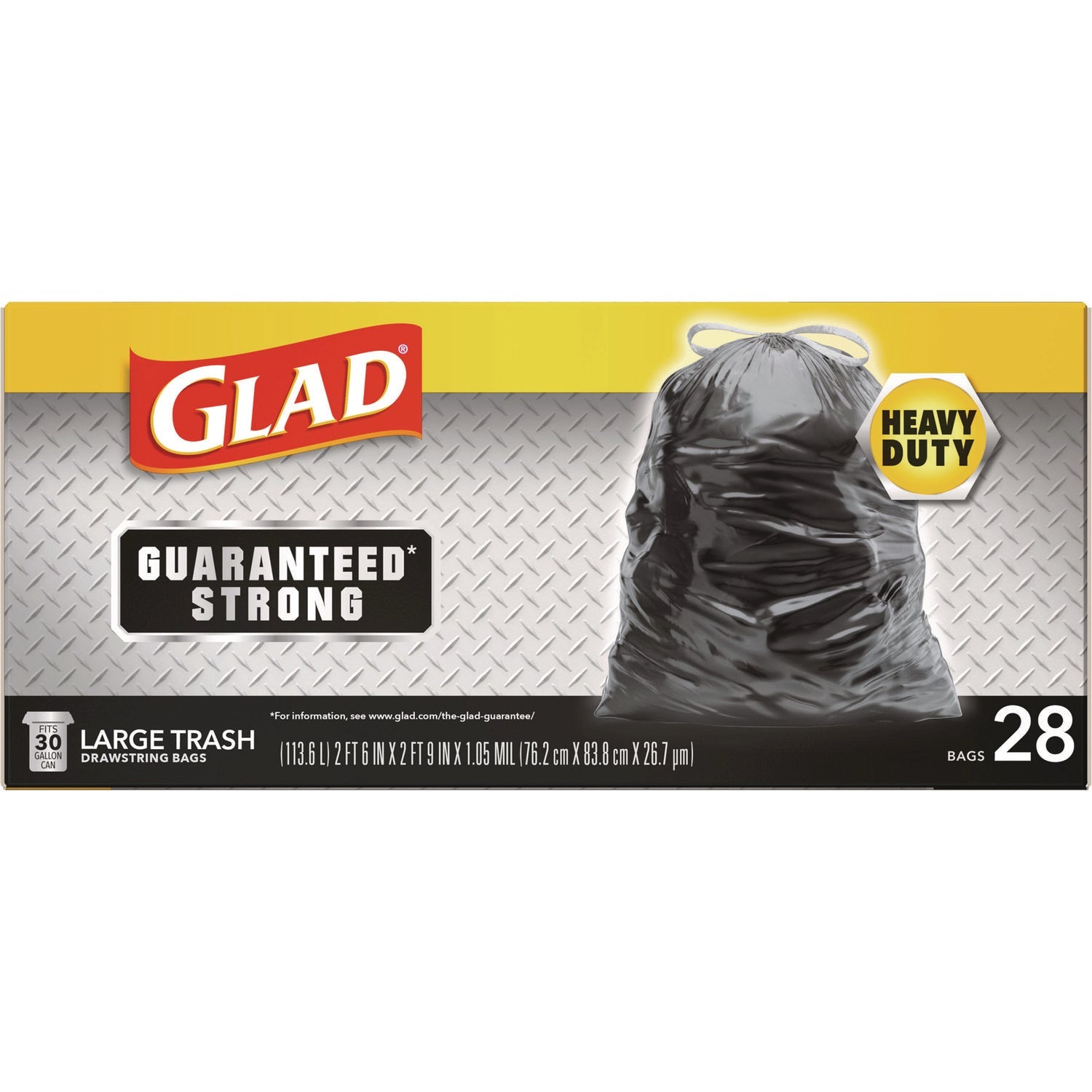 Glad® Guaranteed Strong Large Drawstring Trash Bags, Three-Ply, 30 gal, 1.05 mil, 30 x 33, Black, 28 Bags/Box, 6 Boxes/Carton