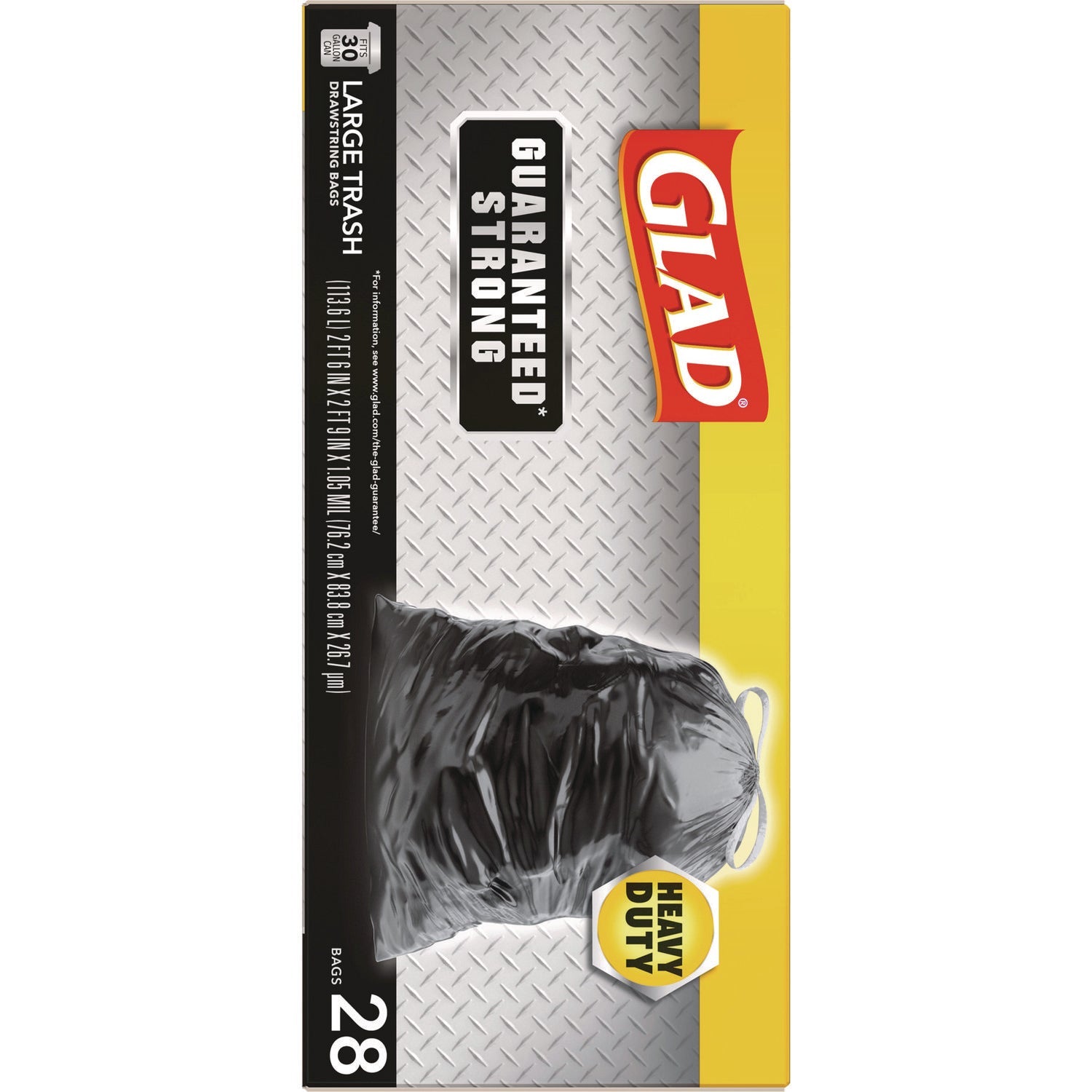 Glad® Guaranteed Strong Large Drawstring Trash Bags, Three-Ply, 30 gal, 1.05 mil, 30 x 33, Black, 28 Bags/Box, 6 Boxes/Carton