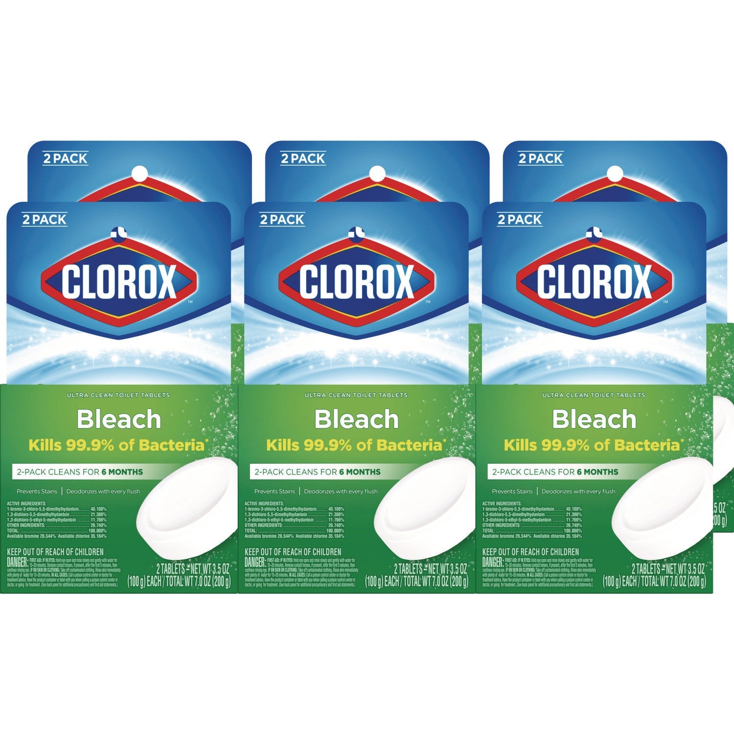 Clorox® Ultra Clean Toilet Tablets Bleach, 3.5 oz Tablet, 2/Pack, 6 Packs/Carton