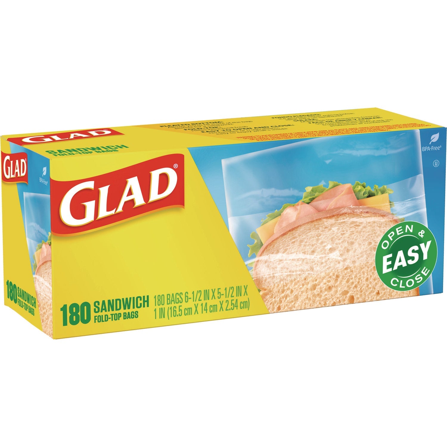 Glad® Fold Top Food Storage Sandwich Bags, 6.5 x 5.5, Clear, 180 Bags/Box, 12 Boxes/Carton