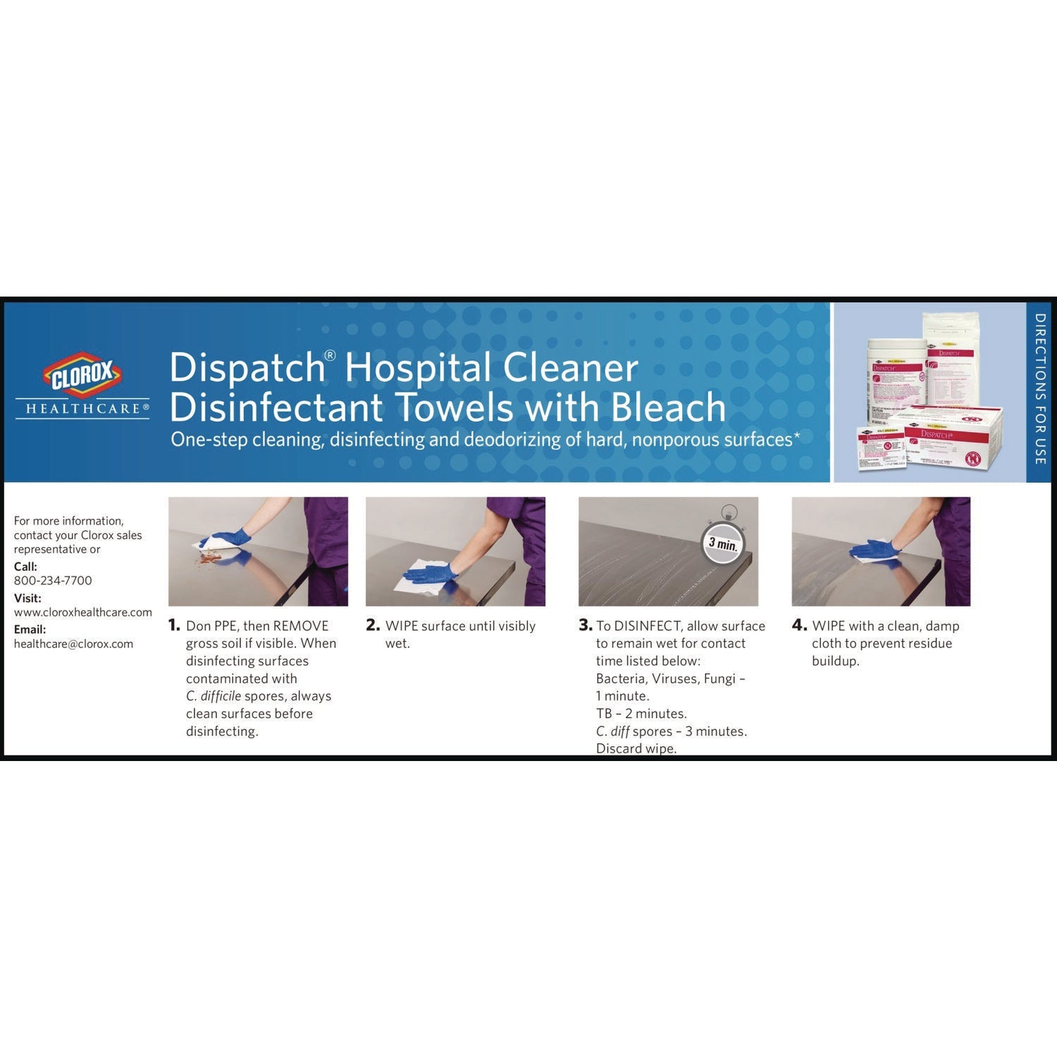 Clorox Healthcare® Dispatch Hospital Cleaner Disinfectant Towels with Bleach, 1-Ply, 6.75 x 8, Unscented, White, 150/Canister