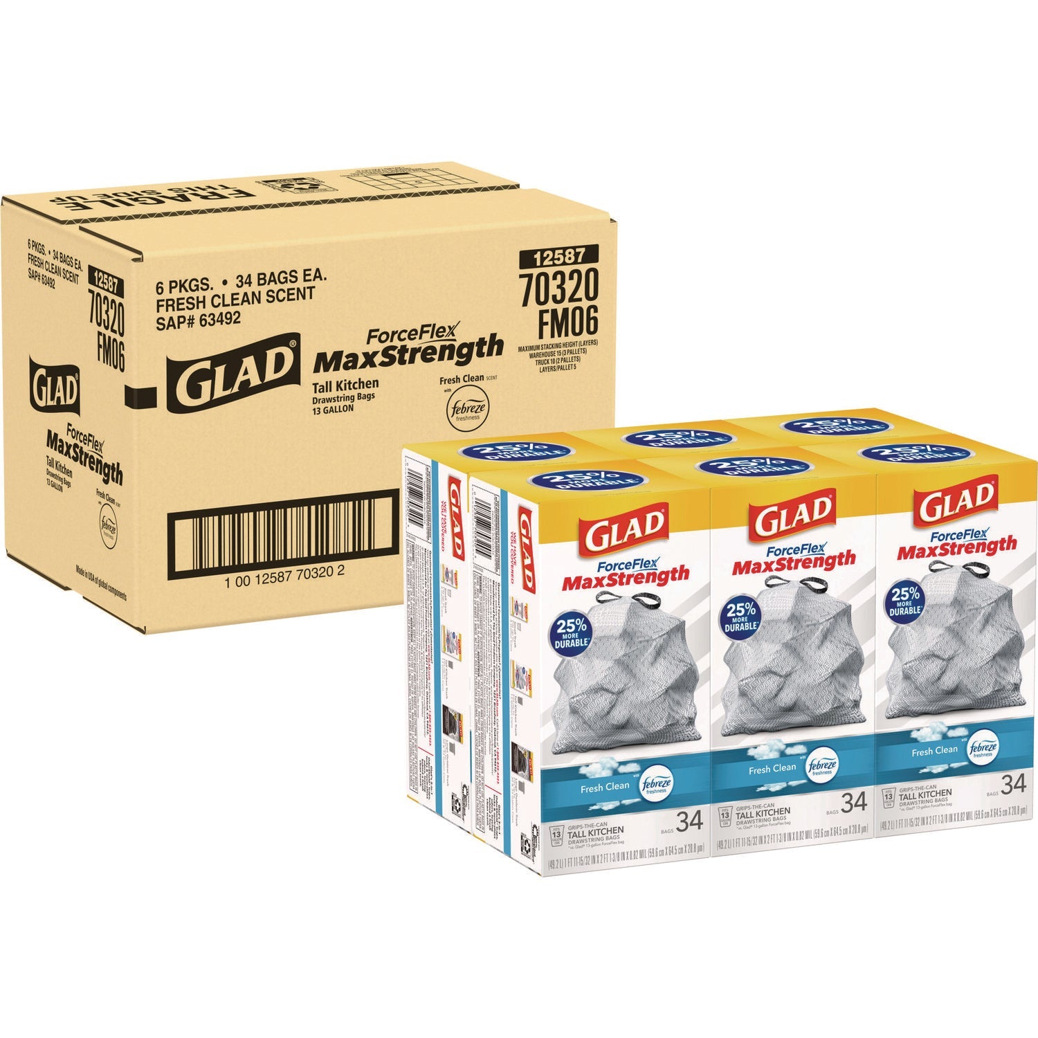 Glad® ForceFlex MaxStrength Tall Kitchen Drawstring Trash Bags, 13 gal, Fresh Clean Scent, 24 x 28, White, 34/Box, 6 Boxes/Carton